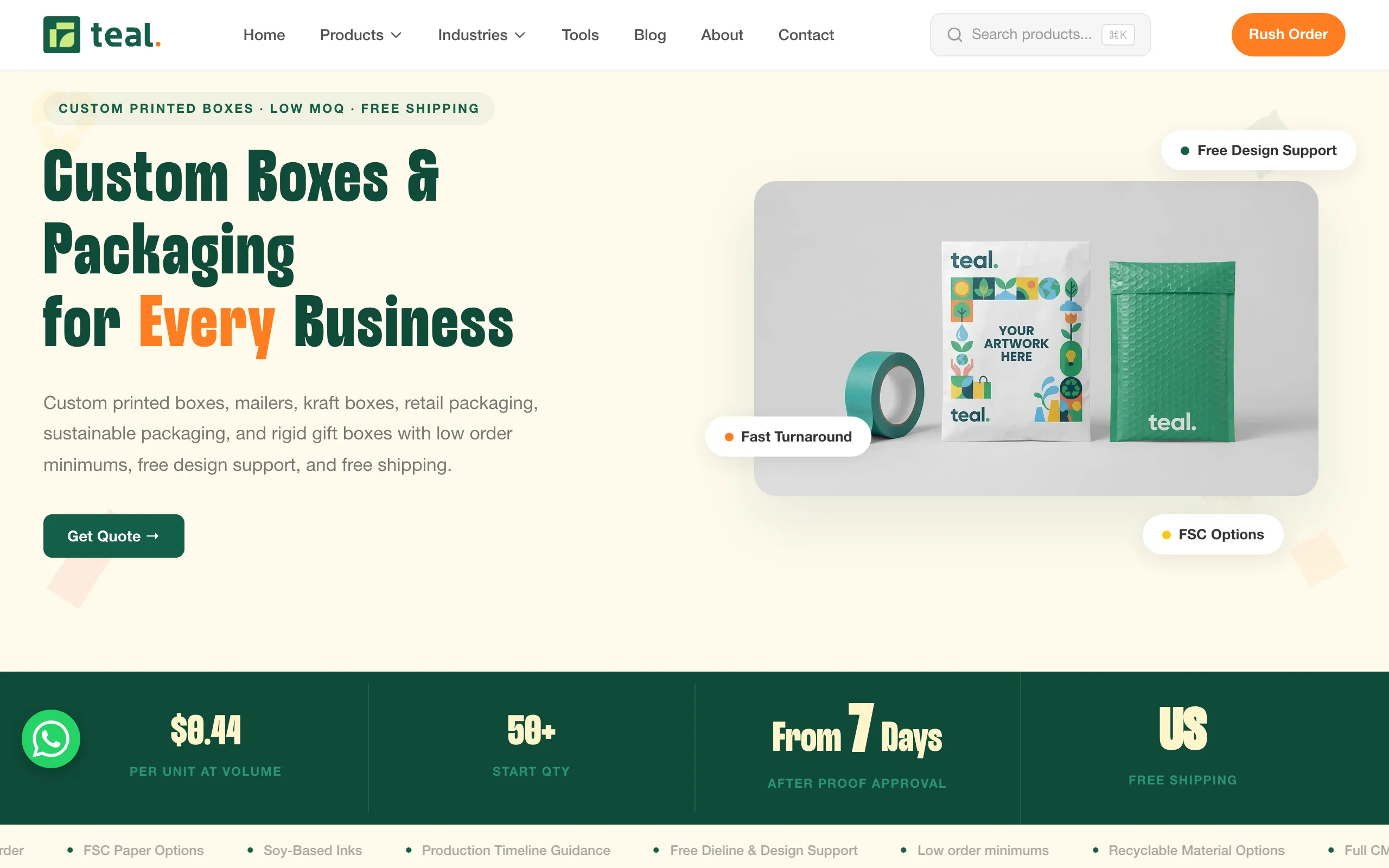 Screenshot of Custom Boxes &amp; Packaging | 50-Unit MOQ + Free Design | Teal