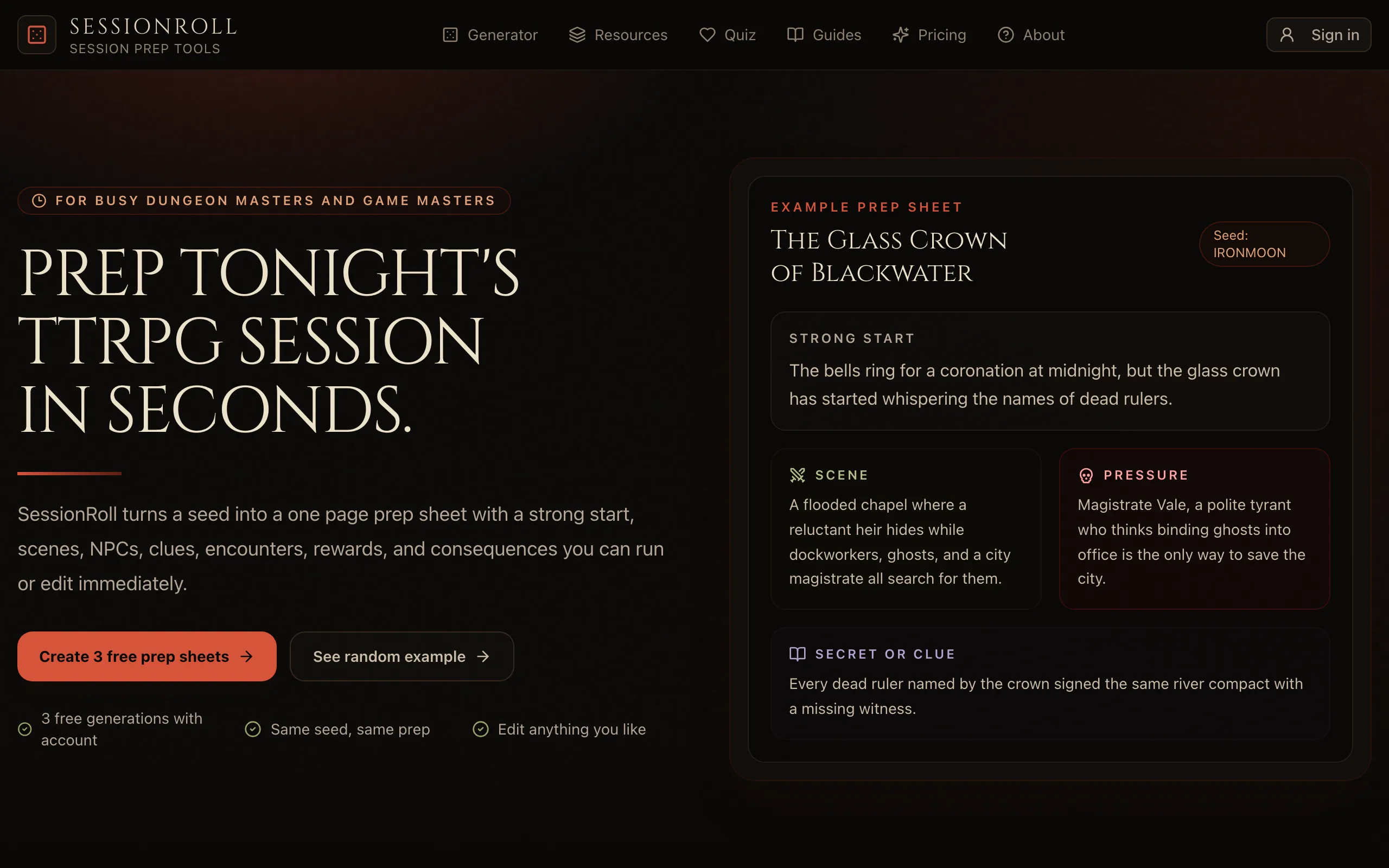 Screenshot of D&amp;D Session Prep Generator for Game Masters