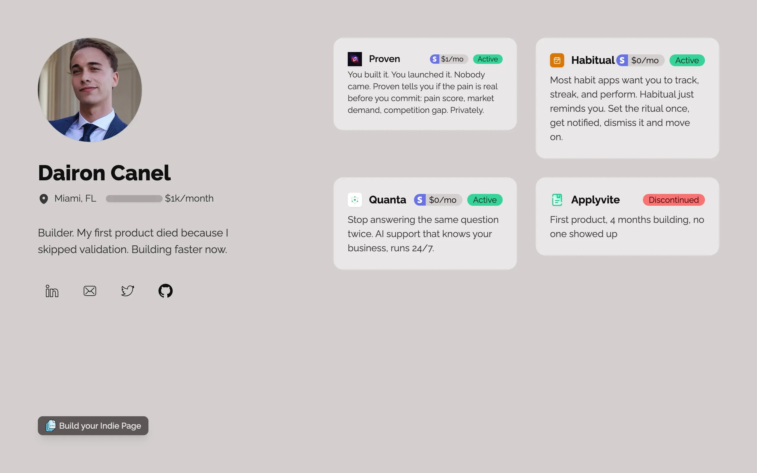 Screenshot of Dairon Canel | Indie Page