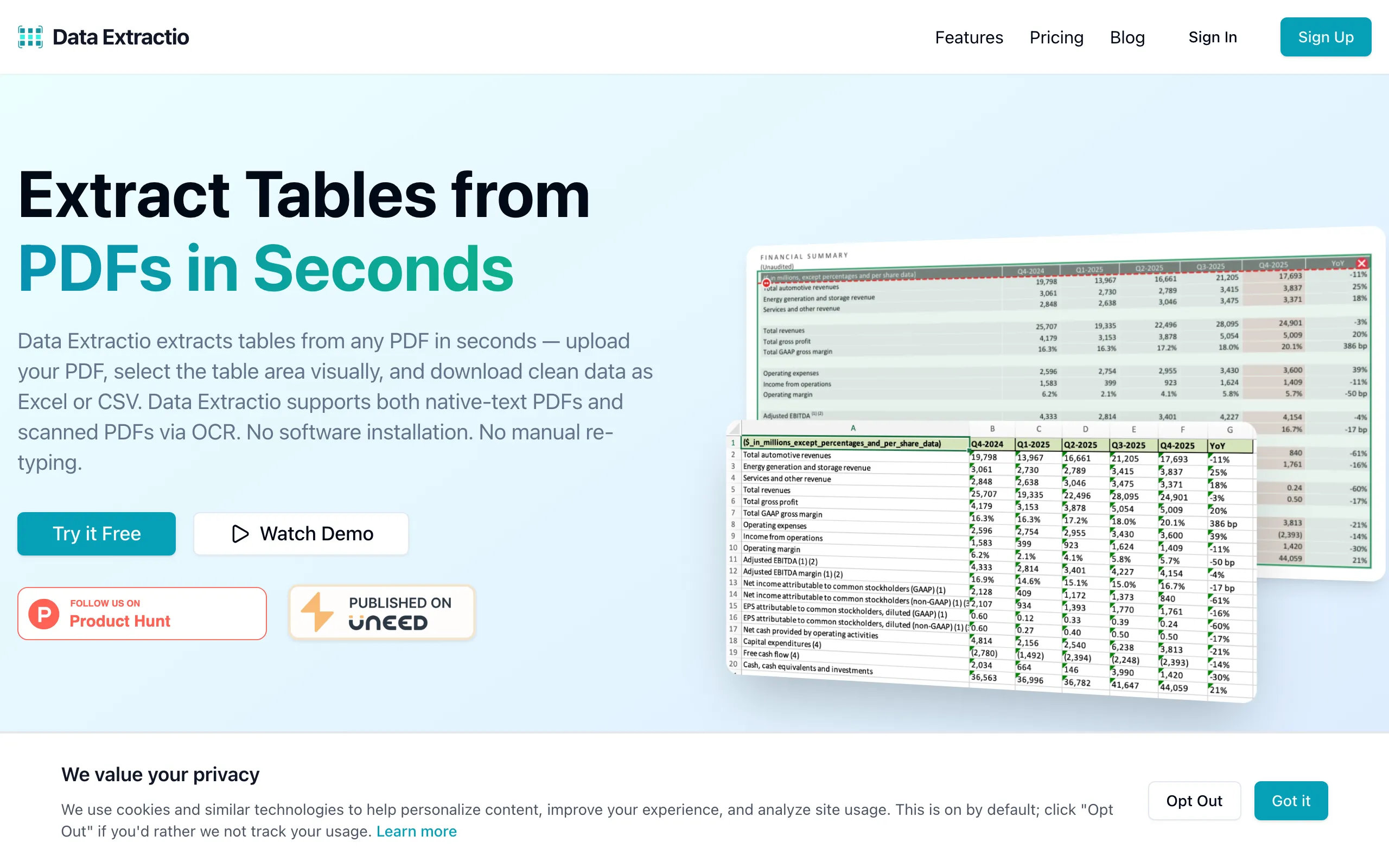 Screenshot of Data Extractio - Extract Tables from PDFs with Precision