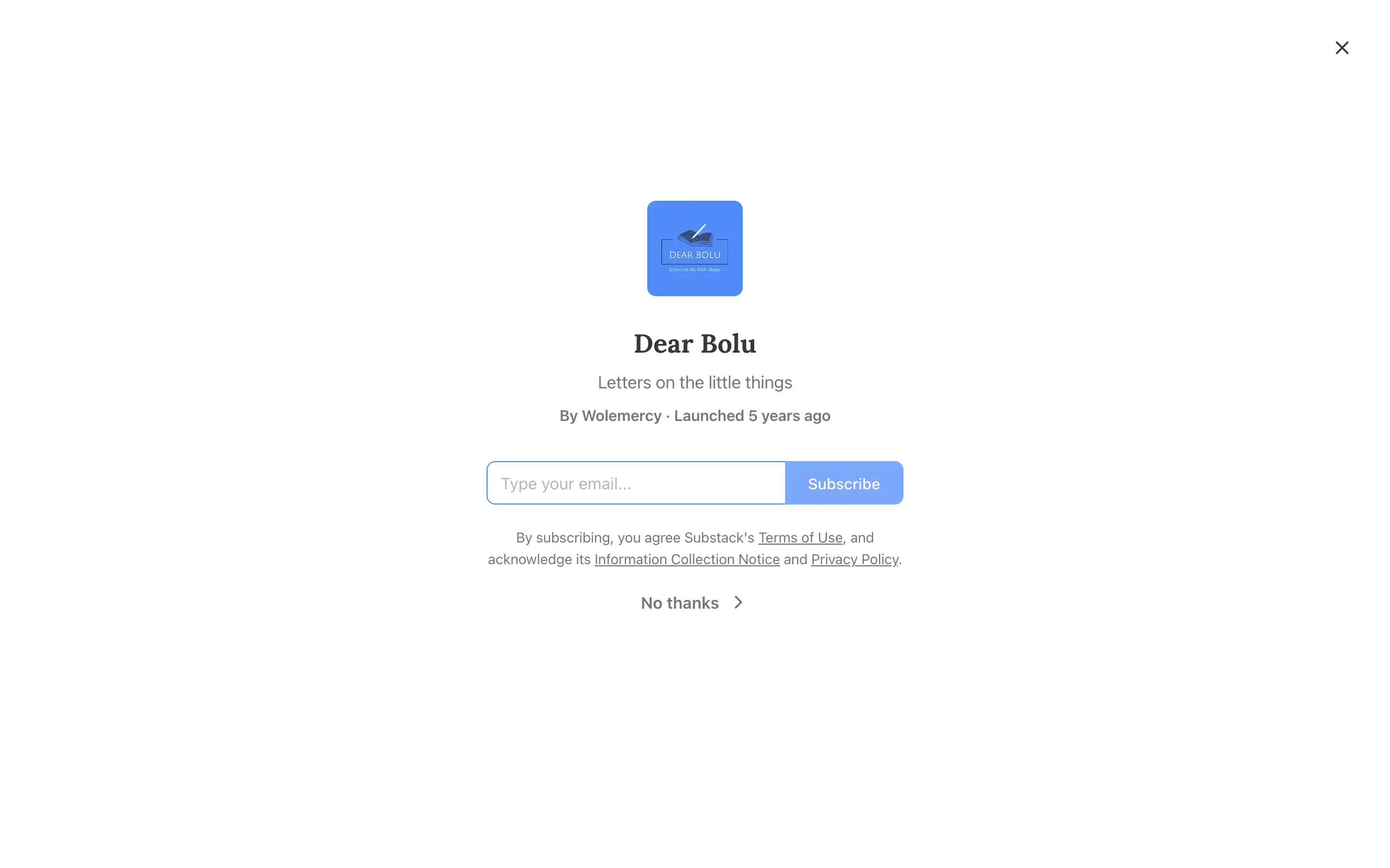 Screenshot of Dear Bolu | Wolemercy | Substack