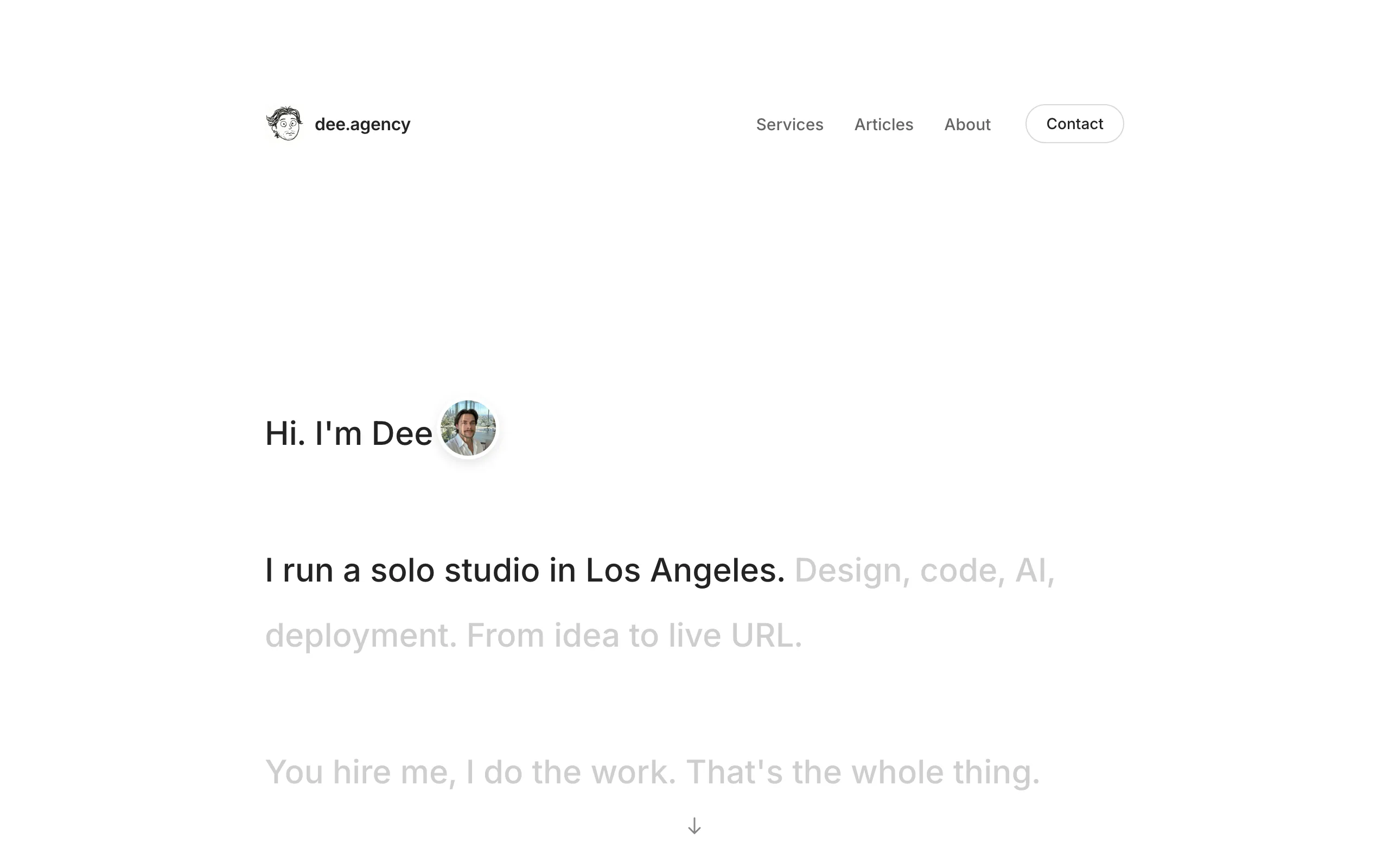 Screenshot of Dee Agency · solo design, code, and AI studio for founders