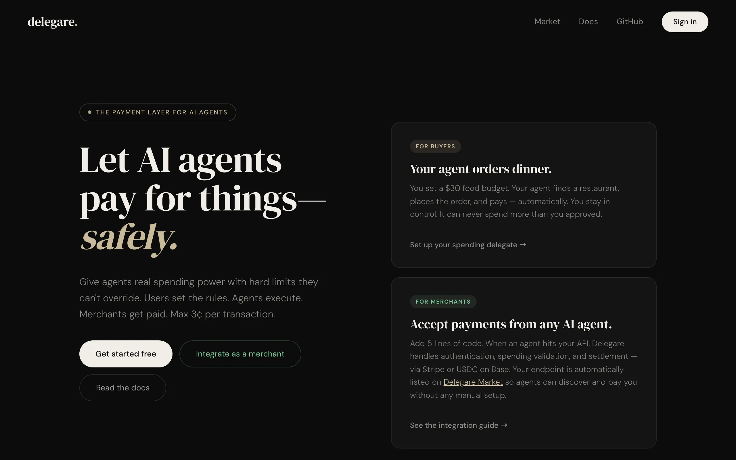 Screenshot of Delegare — Let AI agents pay for things, safely.