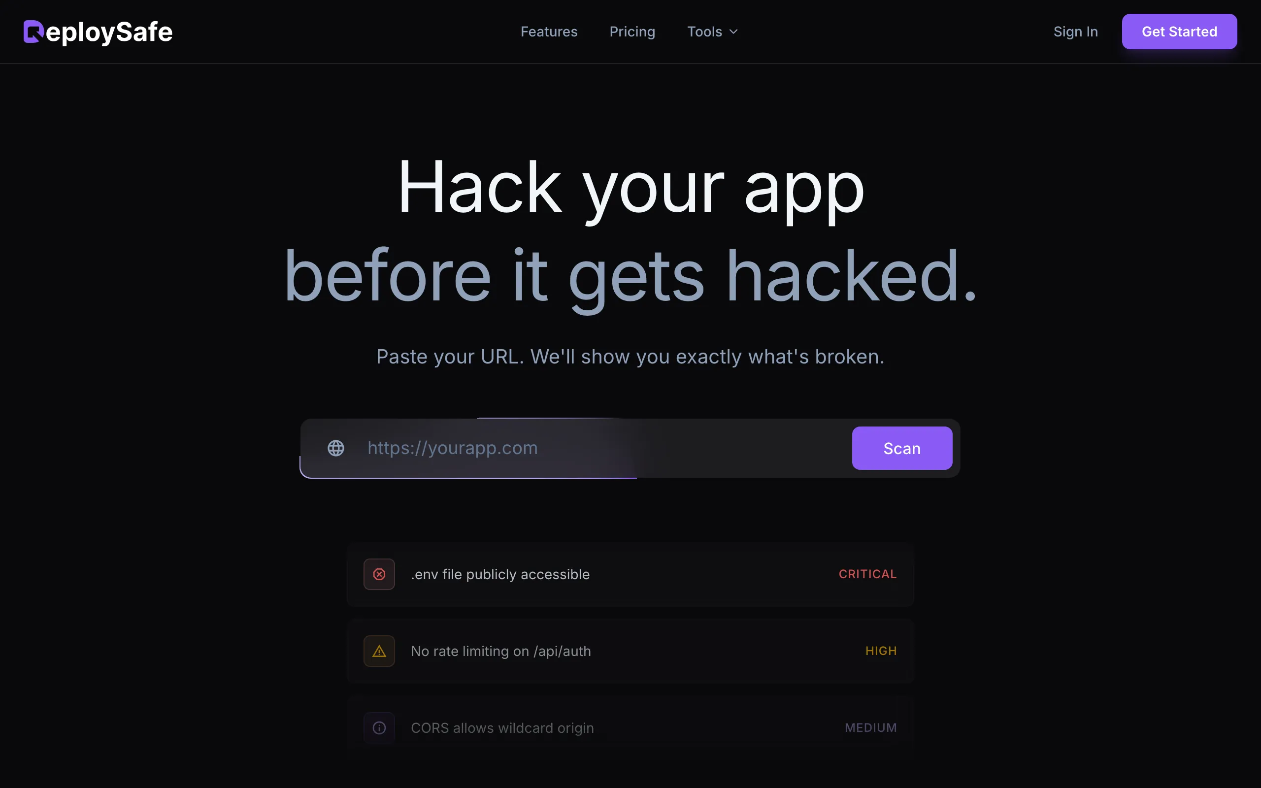 Screenshot of DeploySafe | Probe your app. Fix what matters.