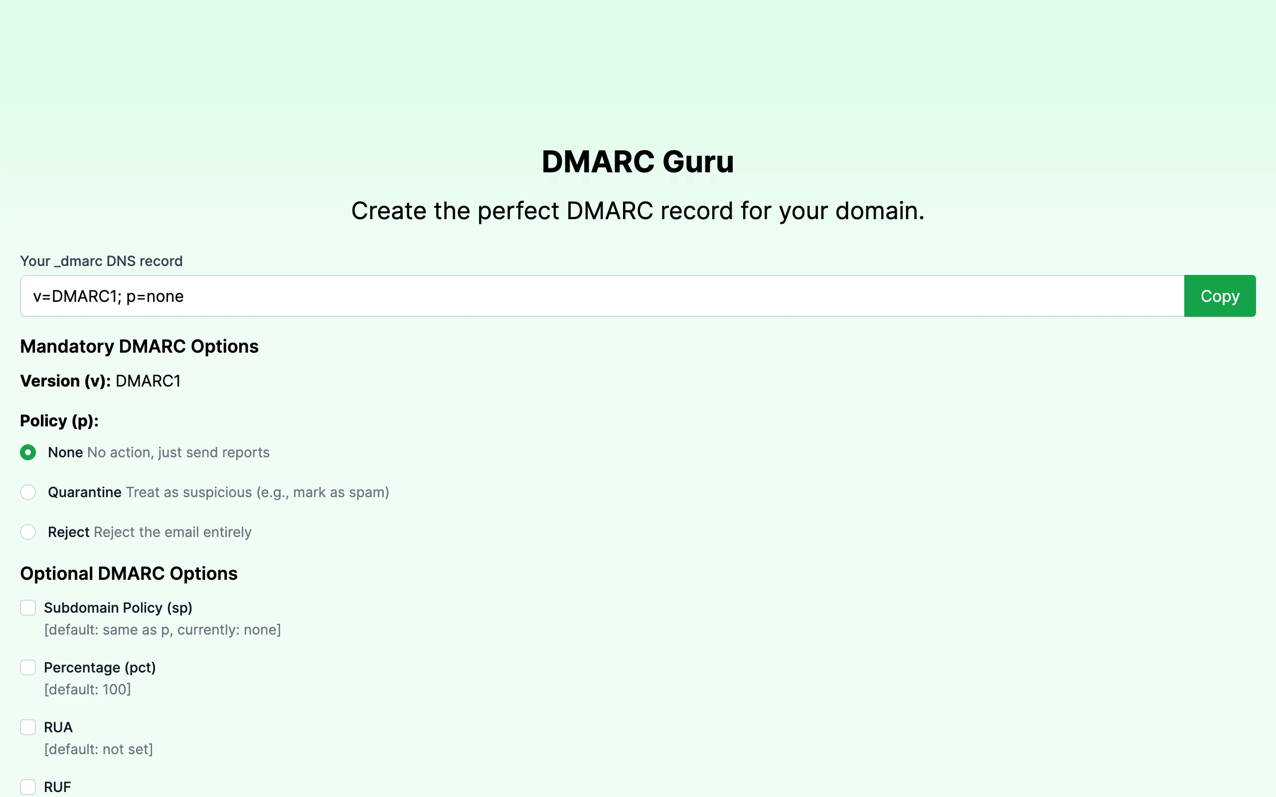 Screenshot of DMARC Guru - free DMARC record generator