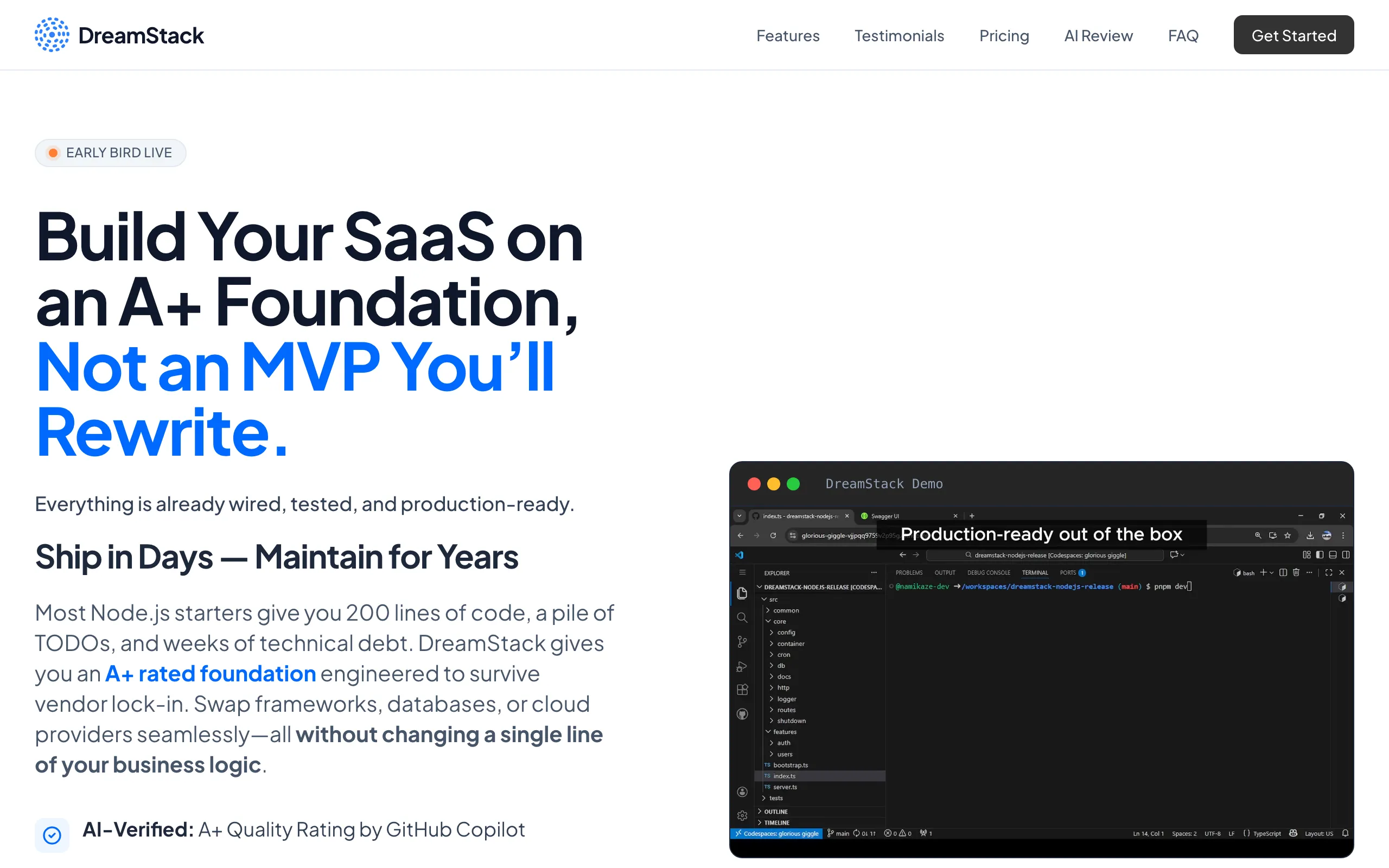 Screenshot of DreamStack | Ship in Days — Maintain for Years: The A+ Rated Node.js Foundation