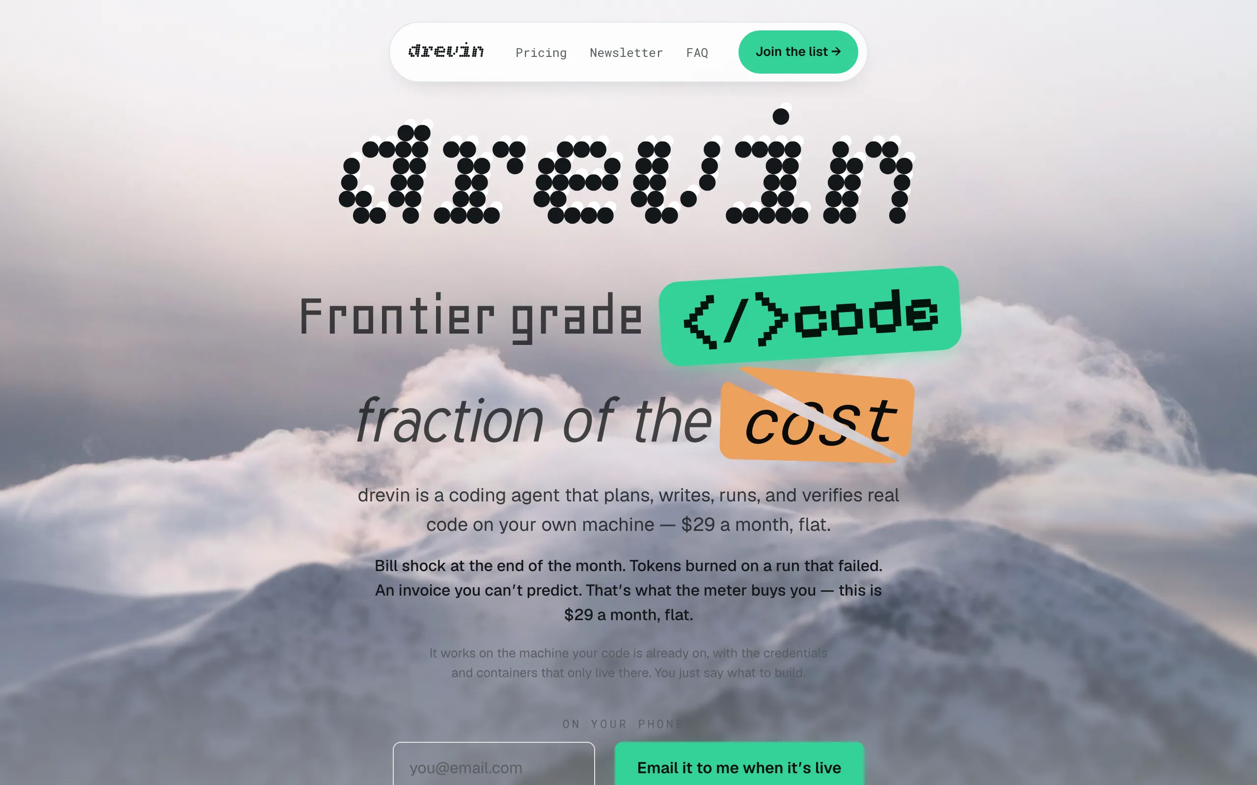 Screenshot of drevin — frontier-grade code, at a fraction of the cost.