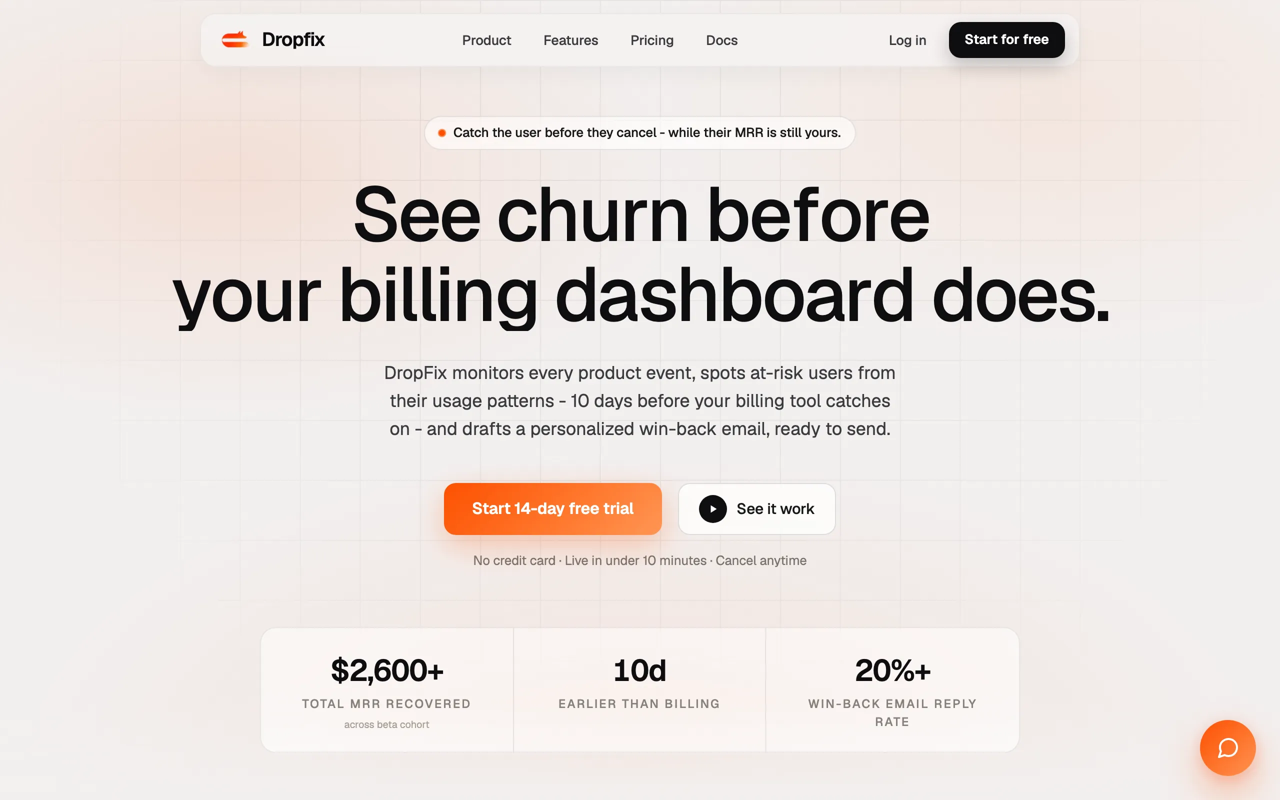 Screenshot of DropFix — Detect churn 10 days before your billing dashboard does