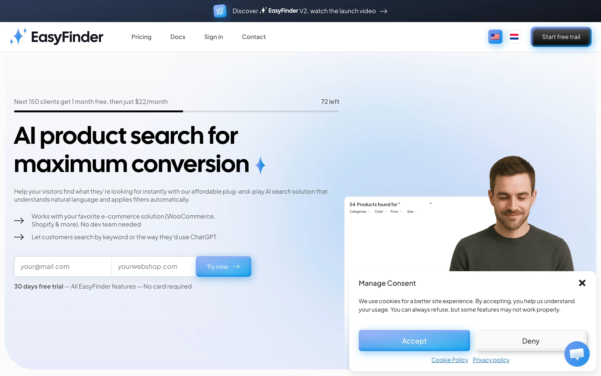 Screenshot of EasyFinder: AI Product Search · Shopify, WooCommerce &amp; More