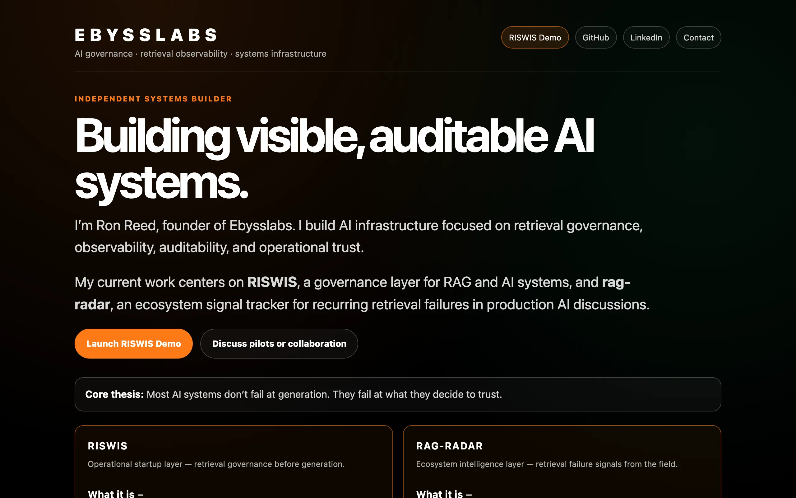 Screenshot of EBYSSLABS — AI Governance & Retrieval Observability