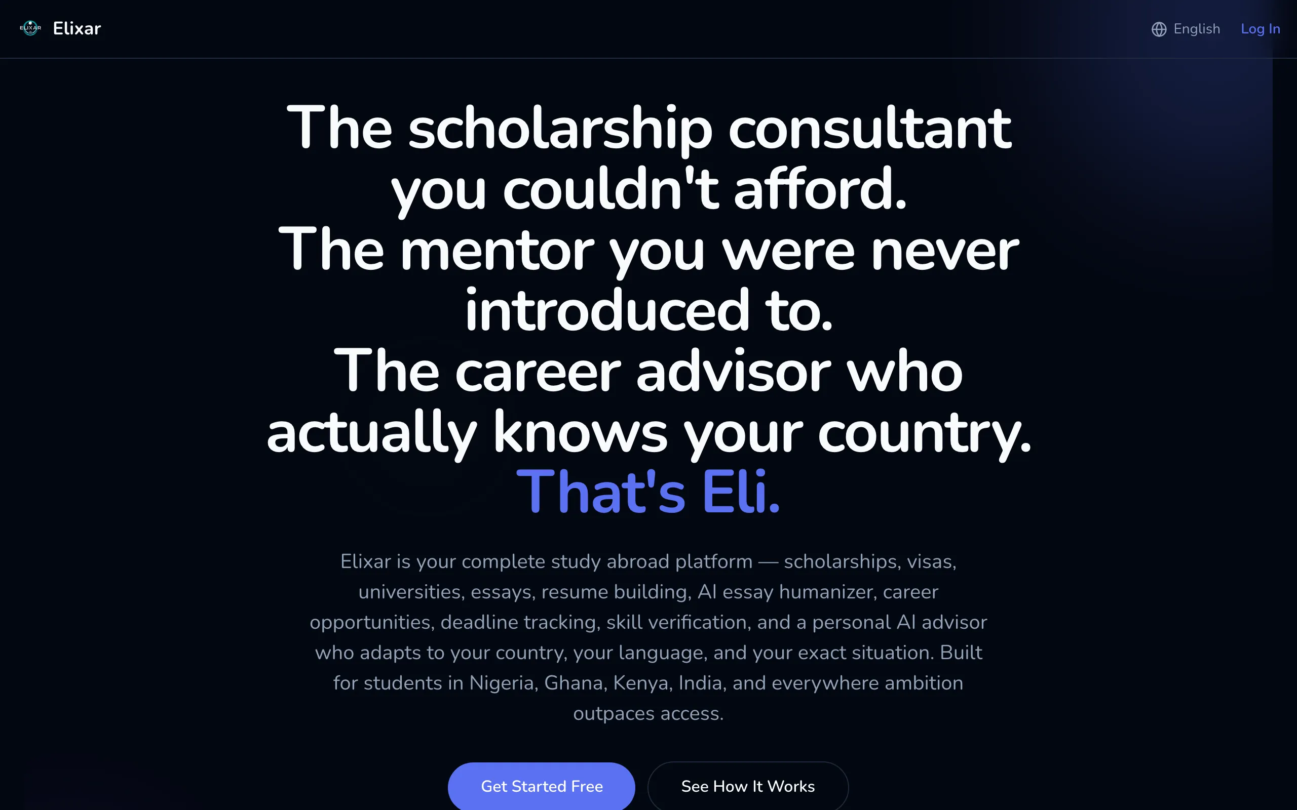 Screenshot of Elixar — AI Mentor for Study Abroad & Scholarships