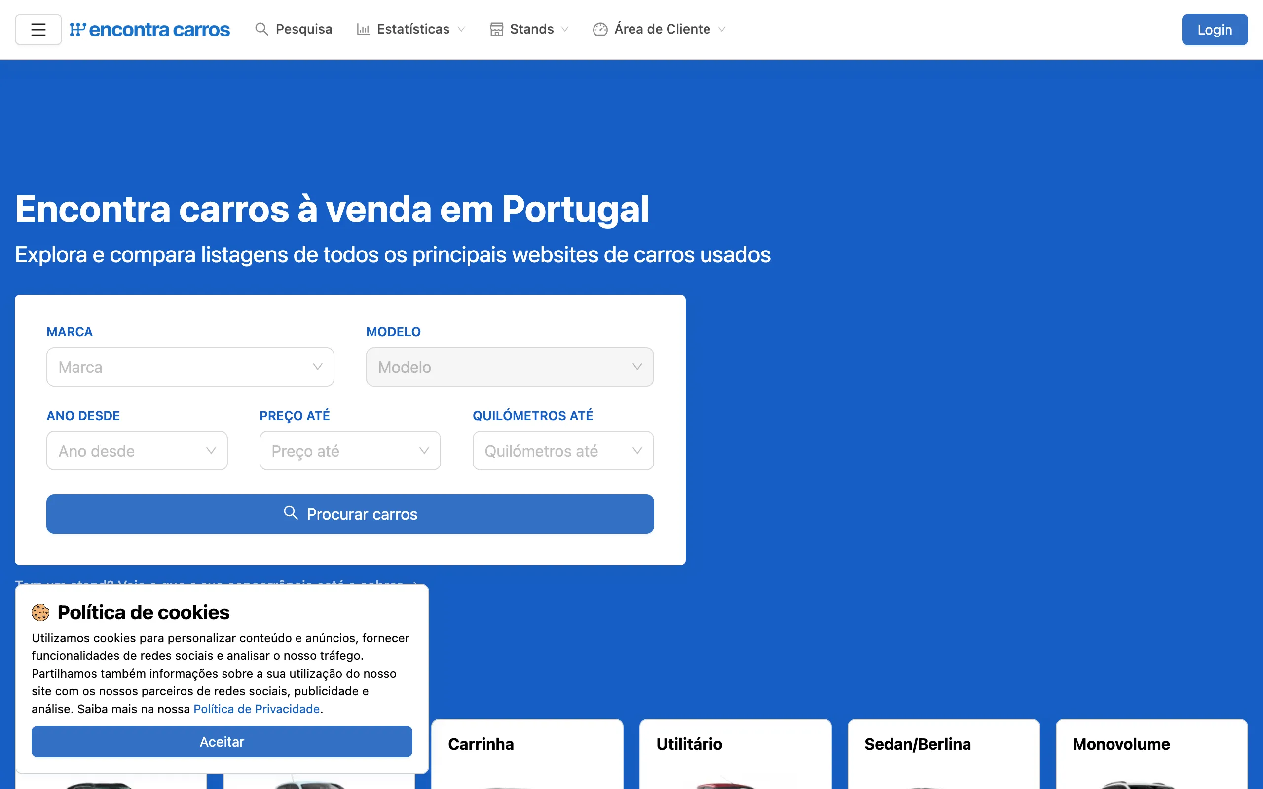 Screenshot of Encontra Carros — Dados do Mercado Automóvel em Portugal