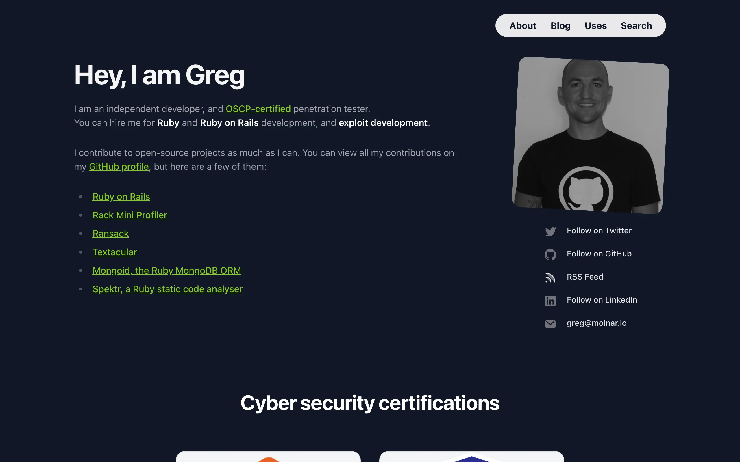 Screenshot of Ethical hacker, Ruby Developer, Rails developer | Greg Molnar