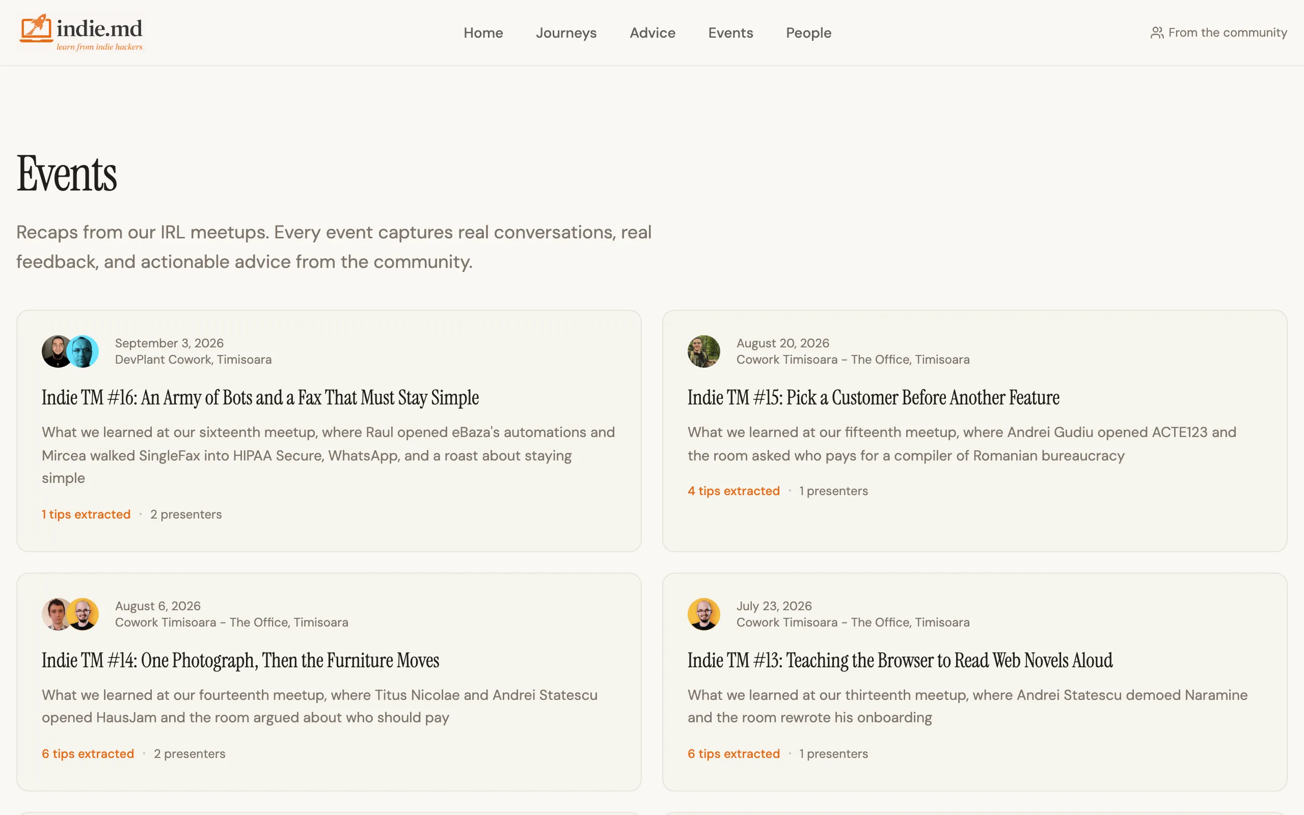 Screenshot of Events | indie.md