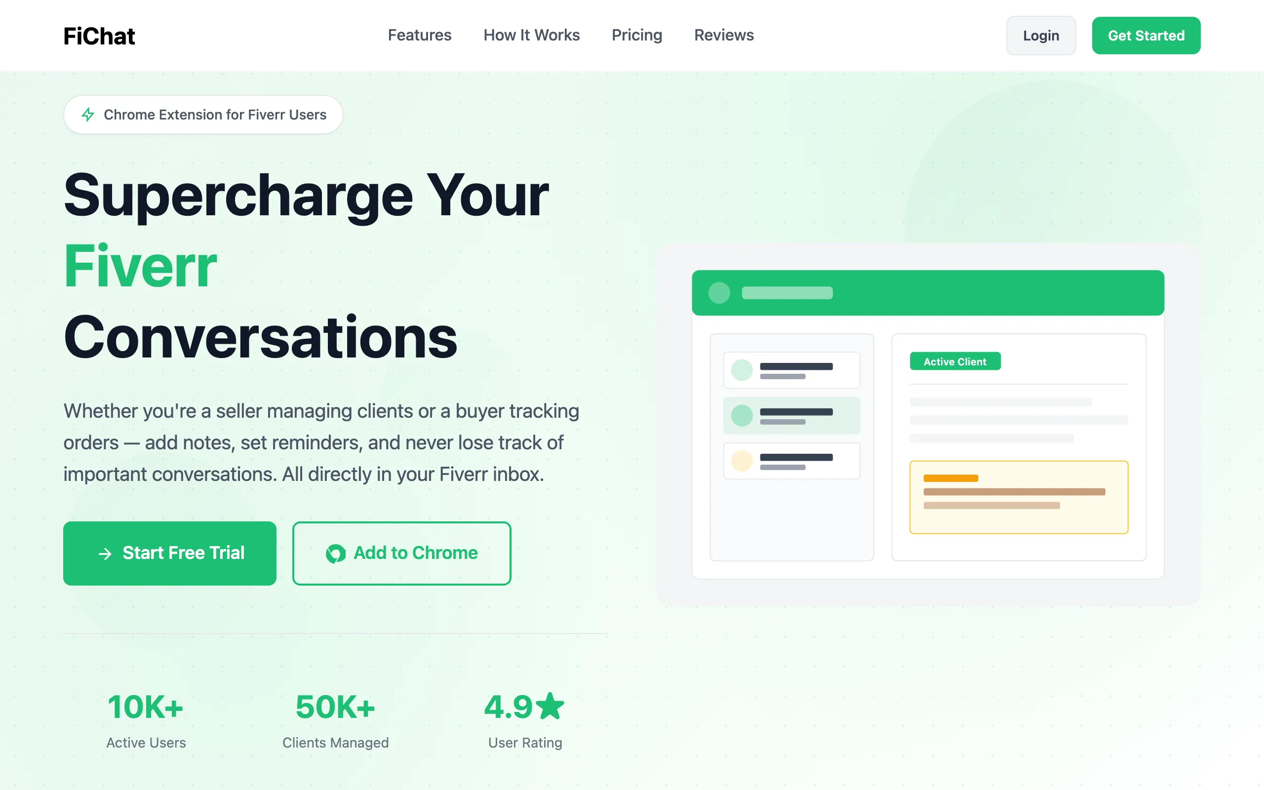 Screenshot of FiChat - Fiverr CRM & Client Management Chrome Extension
