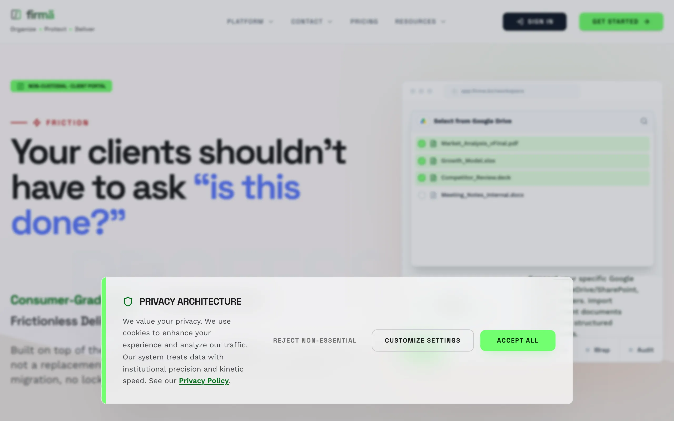 Screenshot of firmä | Client Portal for Marketing Firms, Agencies &amp; Advisors atop Google Drive