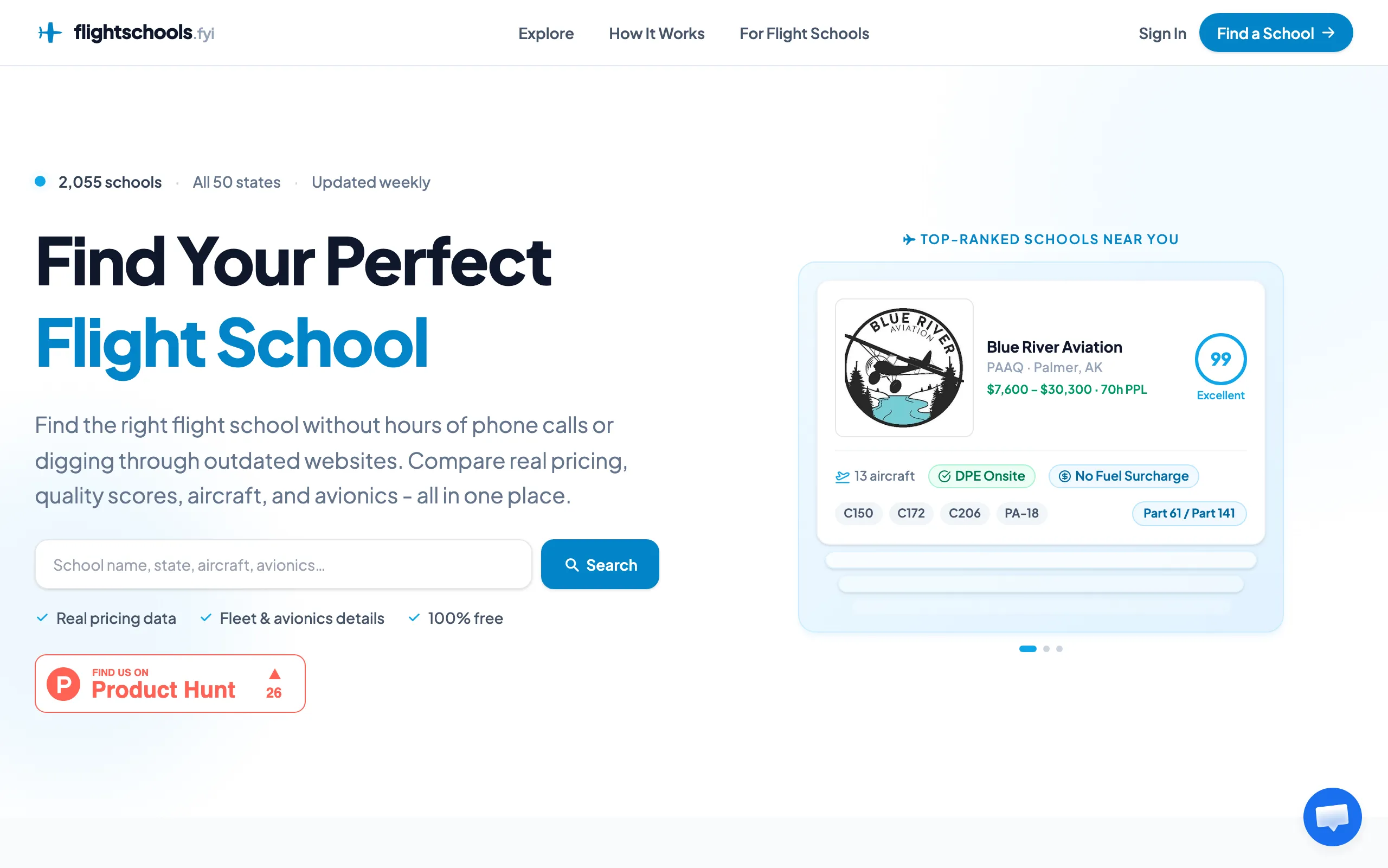 Screenshot of flightschools.fyi: Find the Best Flight School Near You