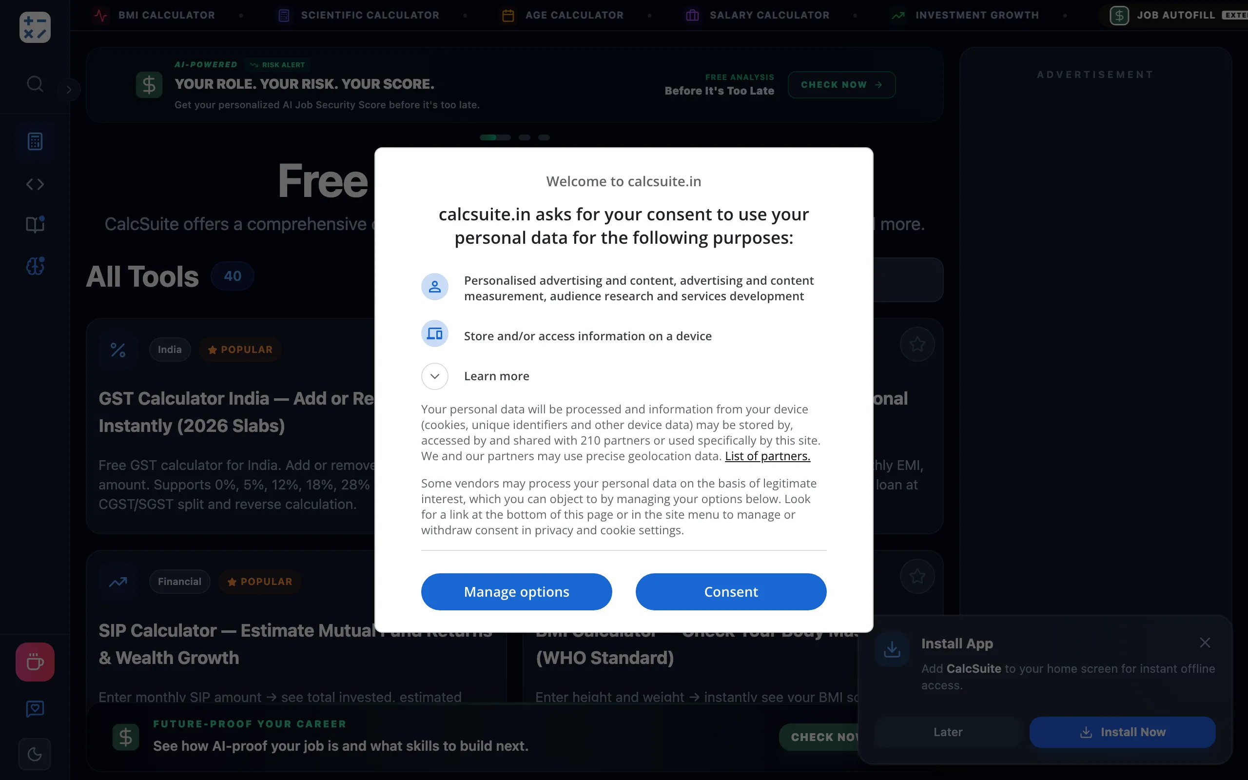 Screenshot of Free Online Calculators | CalcSuite