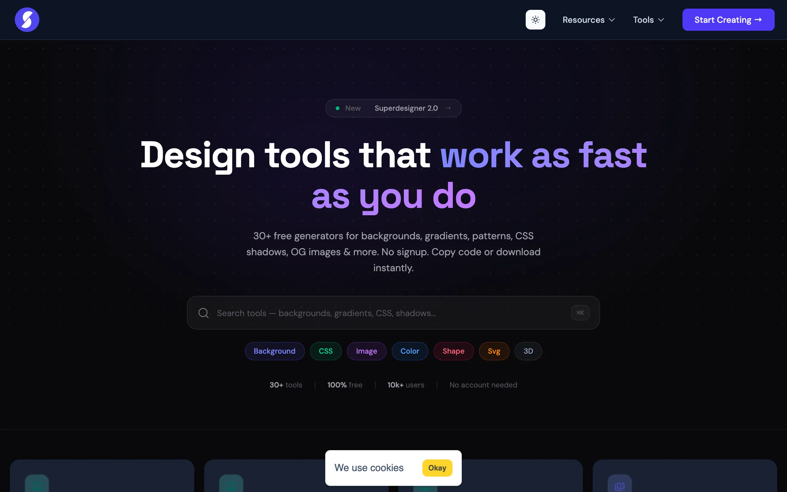 Screenshot of Free Online Design Tools for Developers &amp; Designers | Super Designer