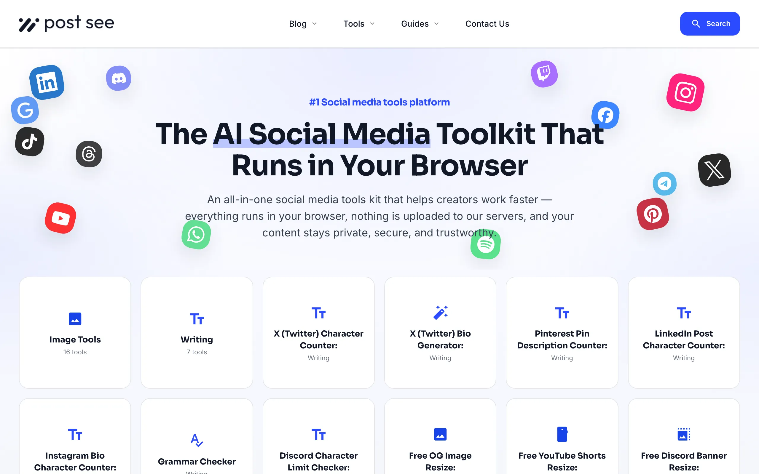 Screenshot of Free Social Media Tools — Bio, Grammar & Image Resize | PostSee