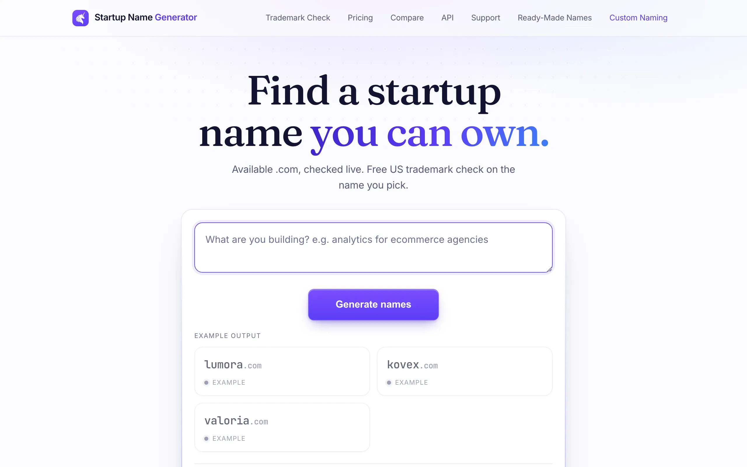 Screenshot of Free startup name generator that checks trademarks | startupnamegenerator