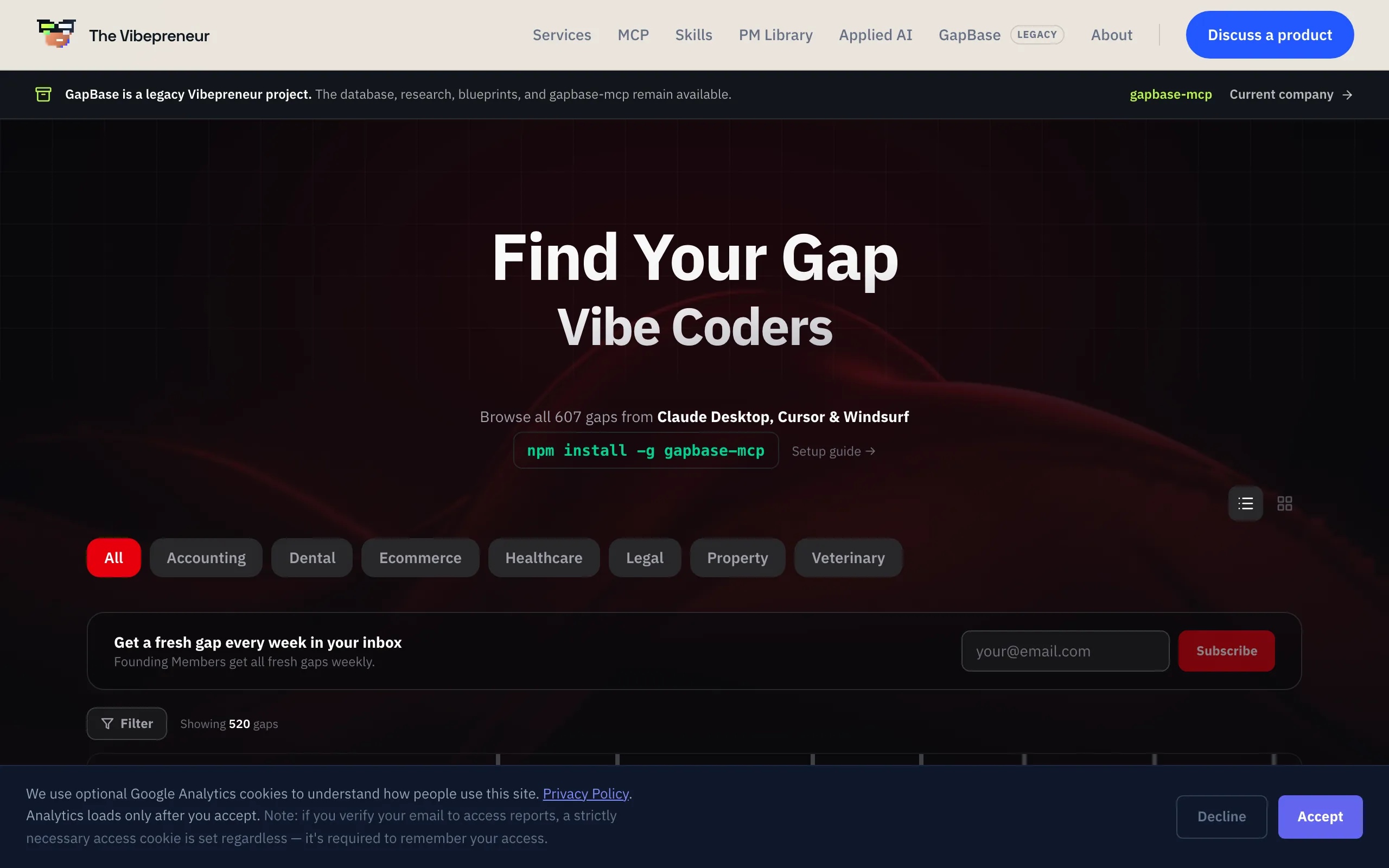 Screenshot of GapBase Legacy — 500+ Validated SaaS Gaps and Blueprints | The Vibepreneur