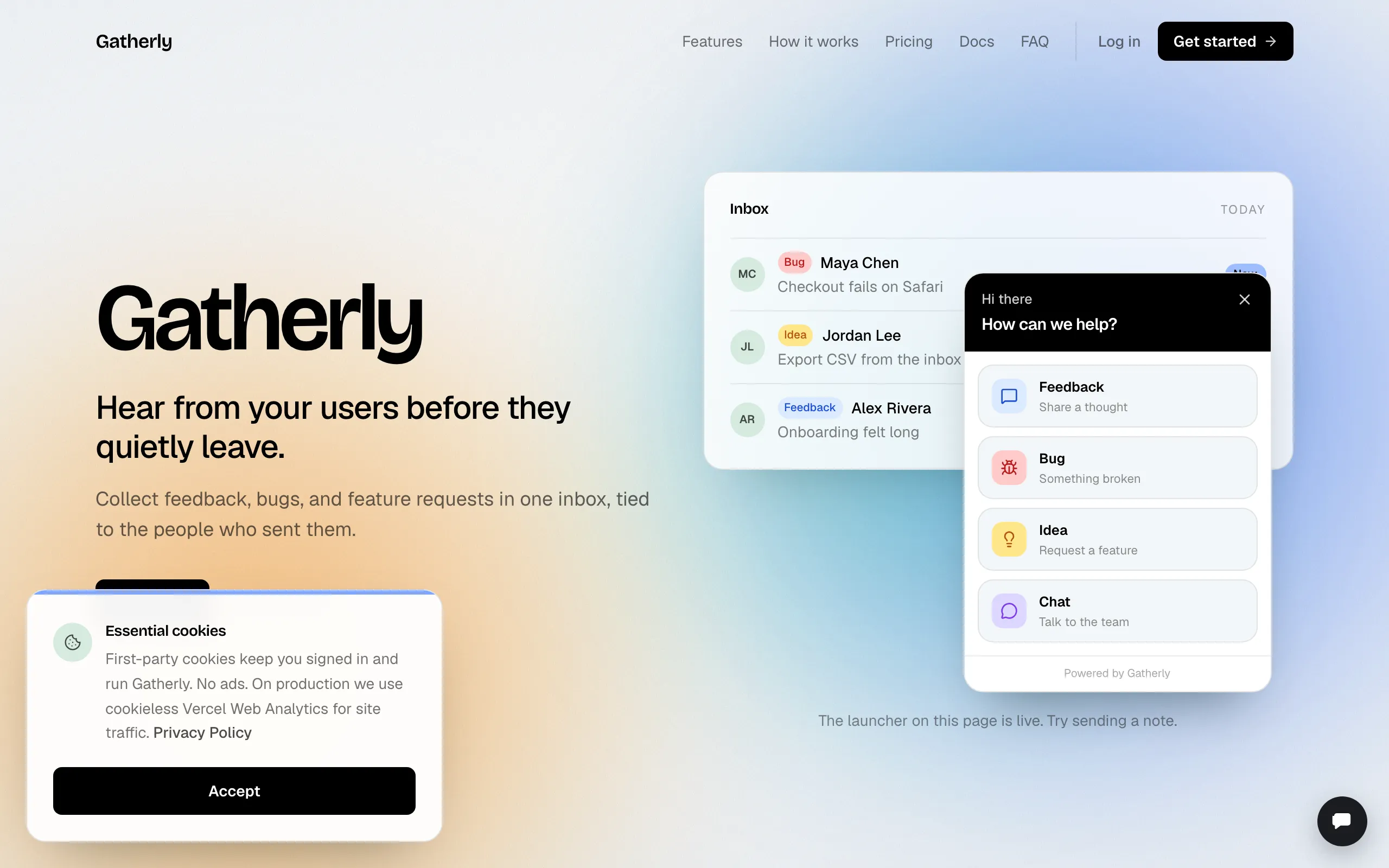 Screenshot of Gatherly, Hear from your users before they quietly leave