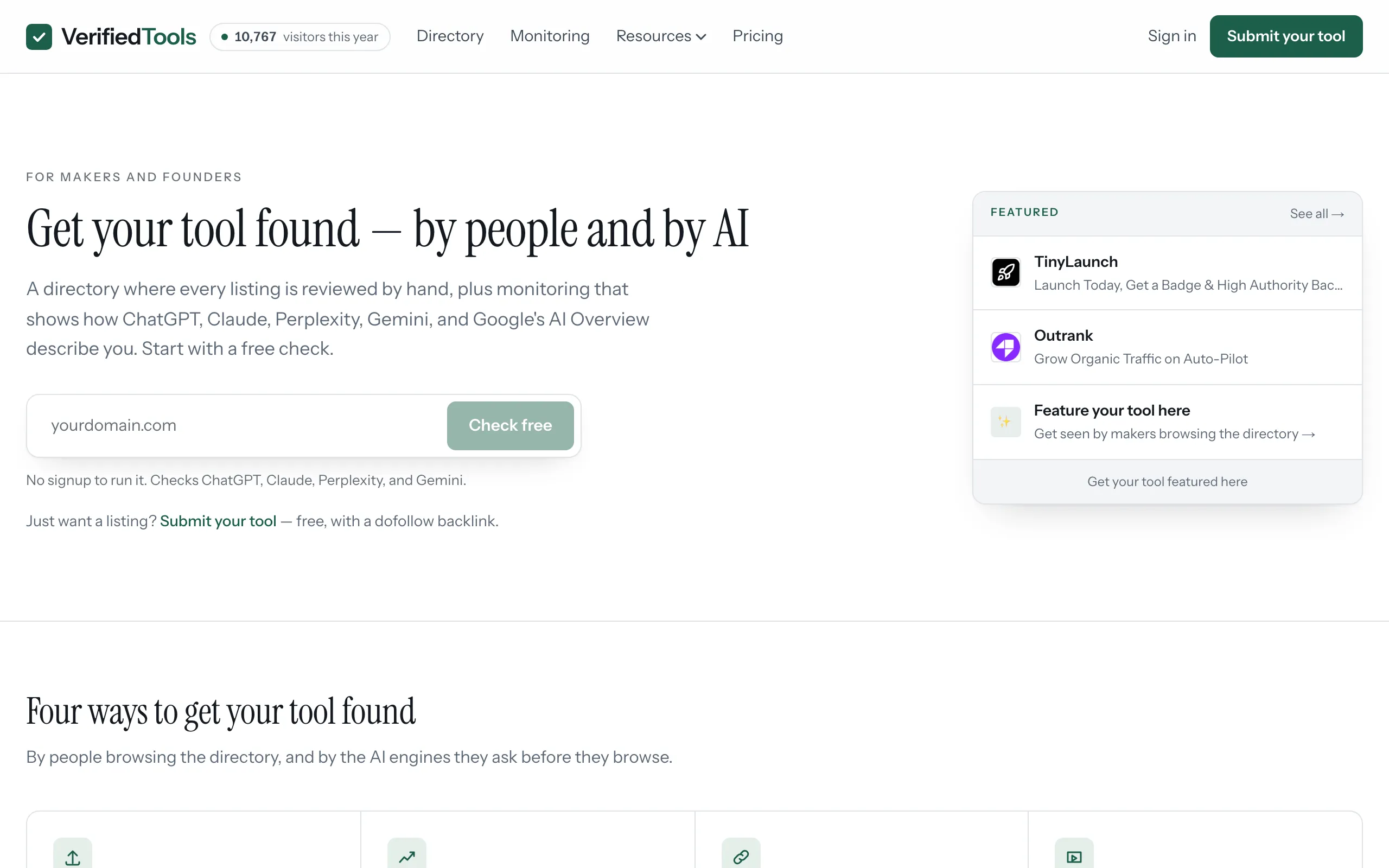 Screenshot of Get your tool found — by people and by AI | Verified Tools