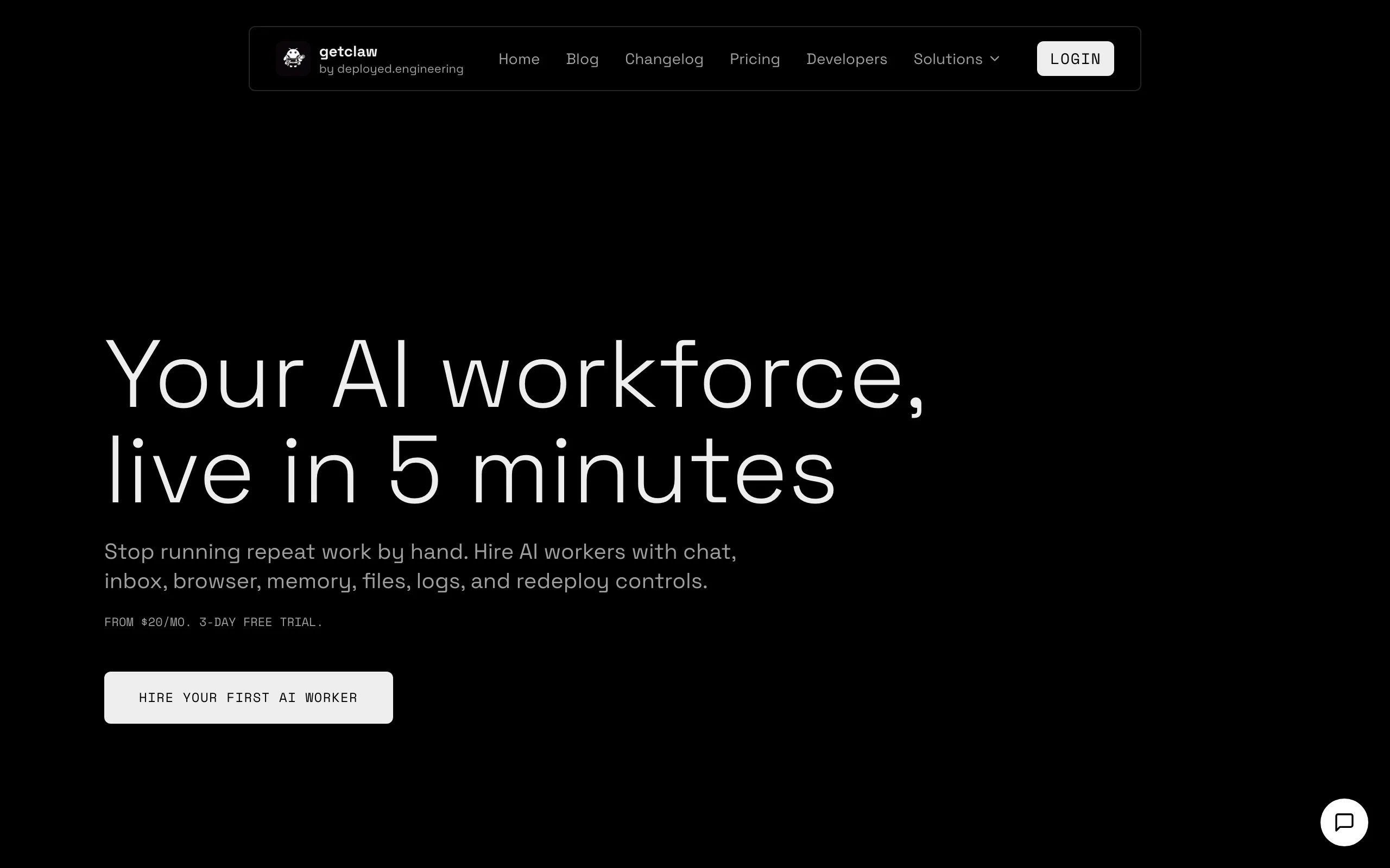 Screenshot of getclaw: Your AI workforce, live in 5 minutes