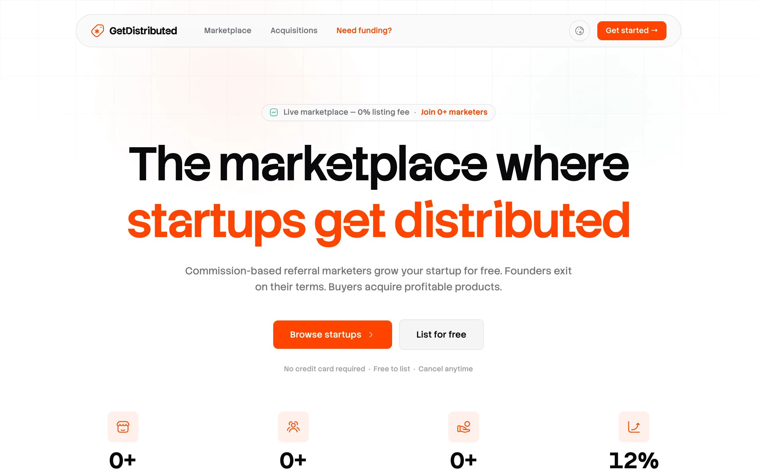 Screenshot of GetDistributed — Startup Marketplace &amp; Acquisition Platform