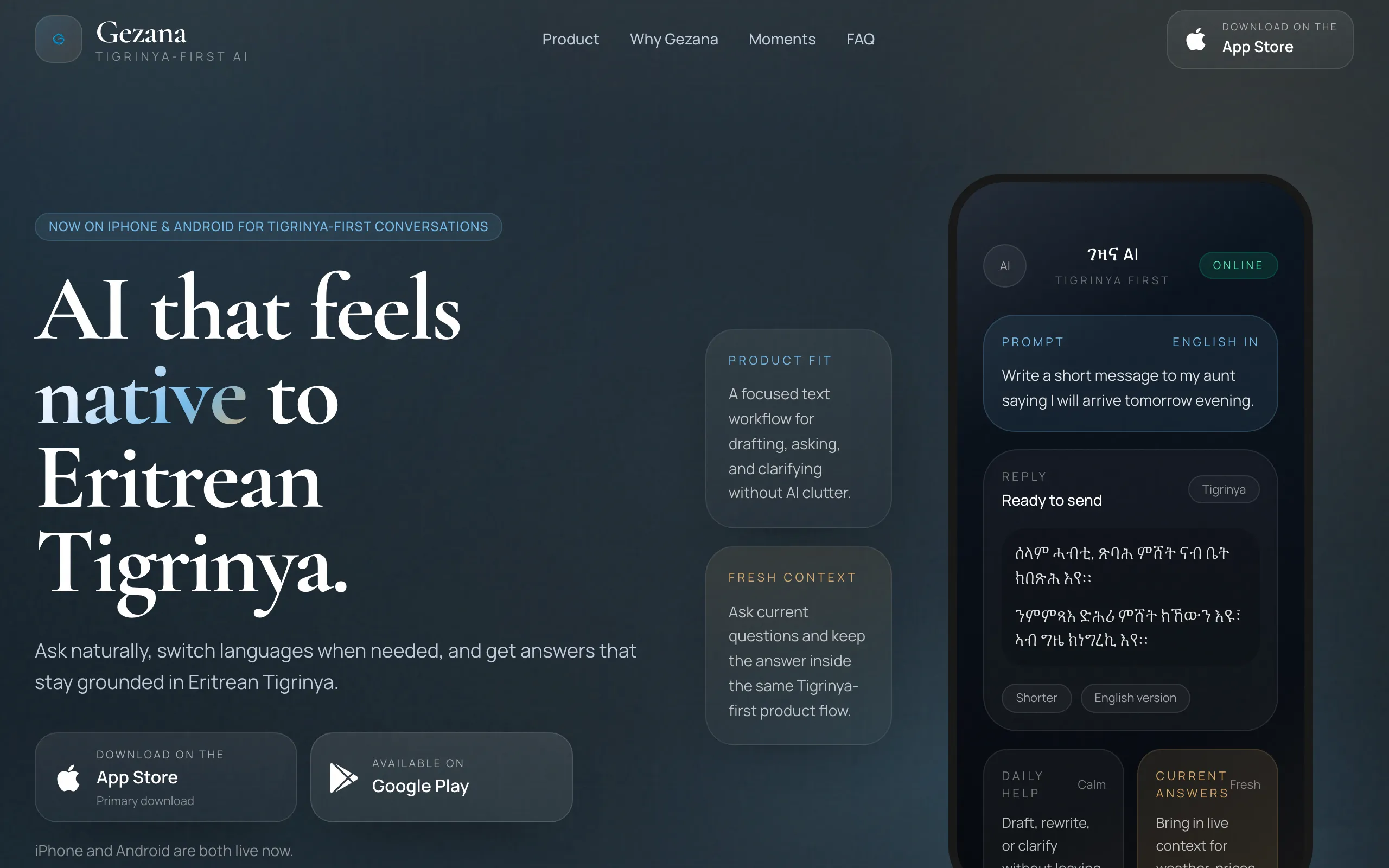 Screenshot of Gezana AI | Tigrinya AI Assistant with Live Web Search