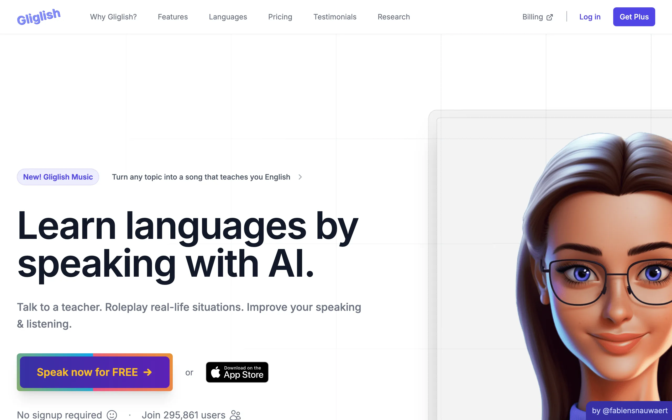 Screenshot of Gliglish · Learn languages by speaking with AI