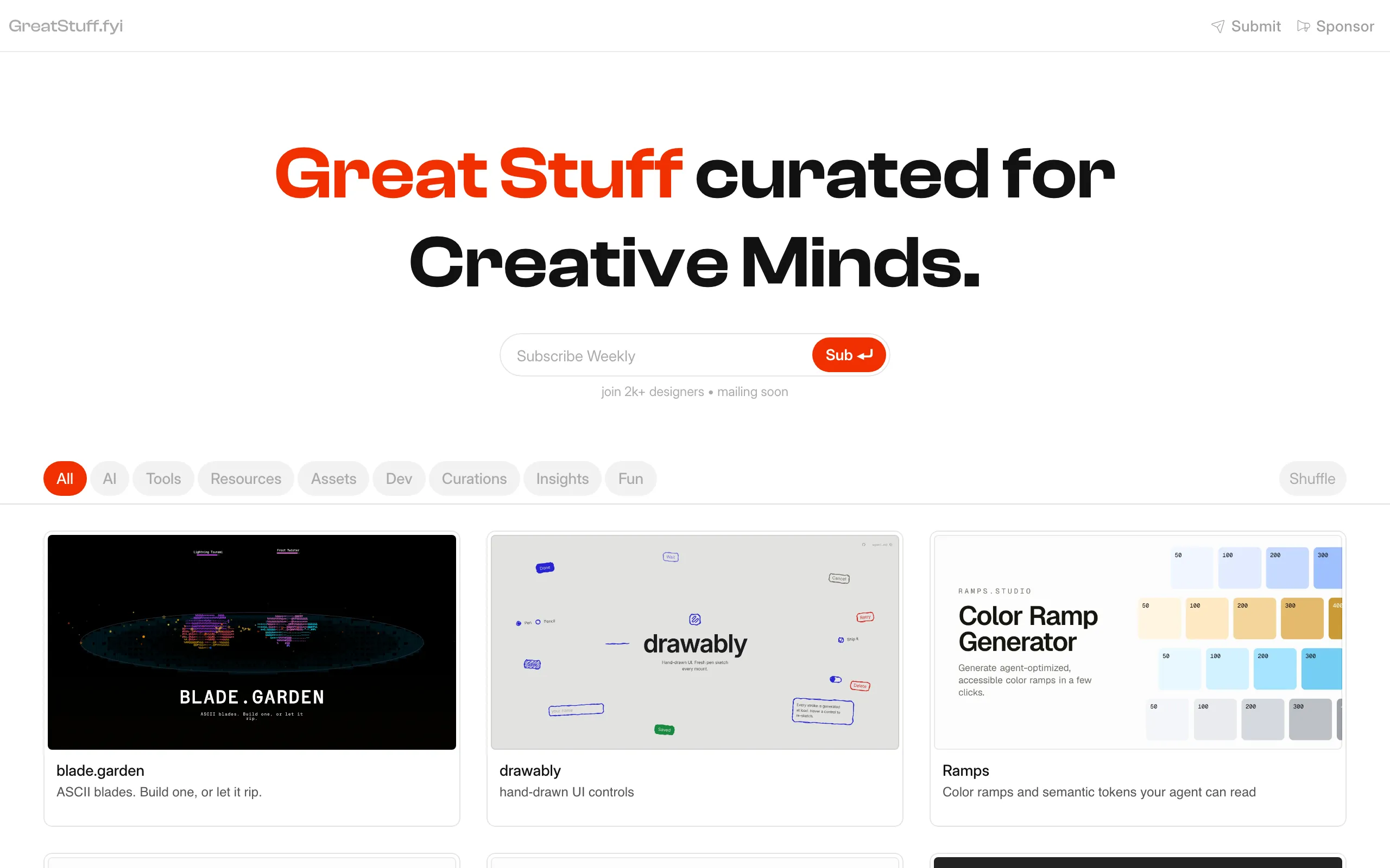 Screenshot of GreatStuff.fyi — by/for Designers
