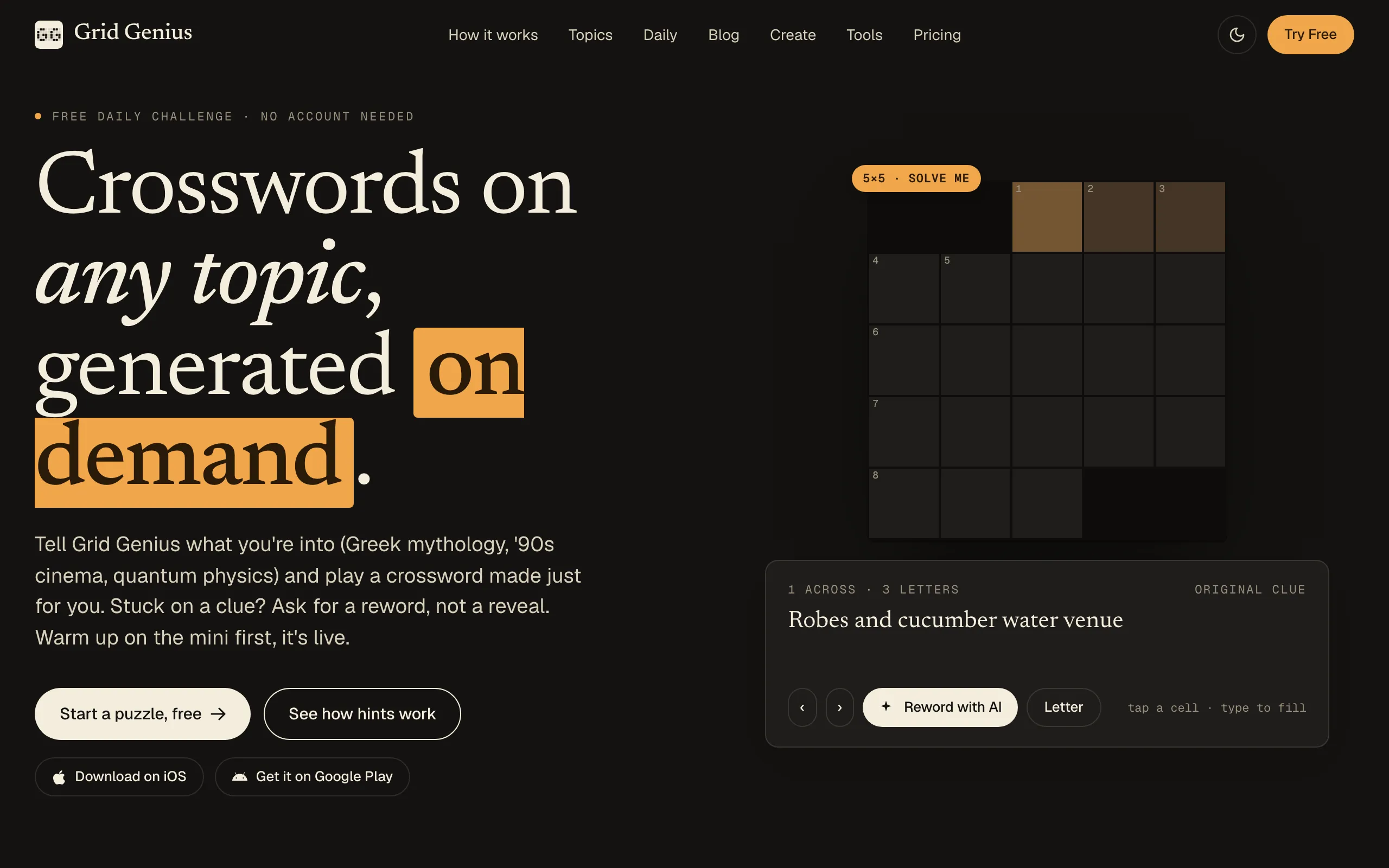 Screenshot of Grid Genius: AI-Powered Crossword Puzzles That Challenge Your Mind