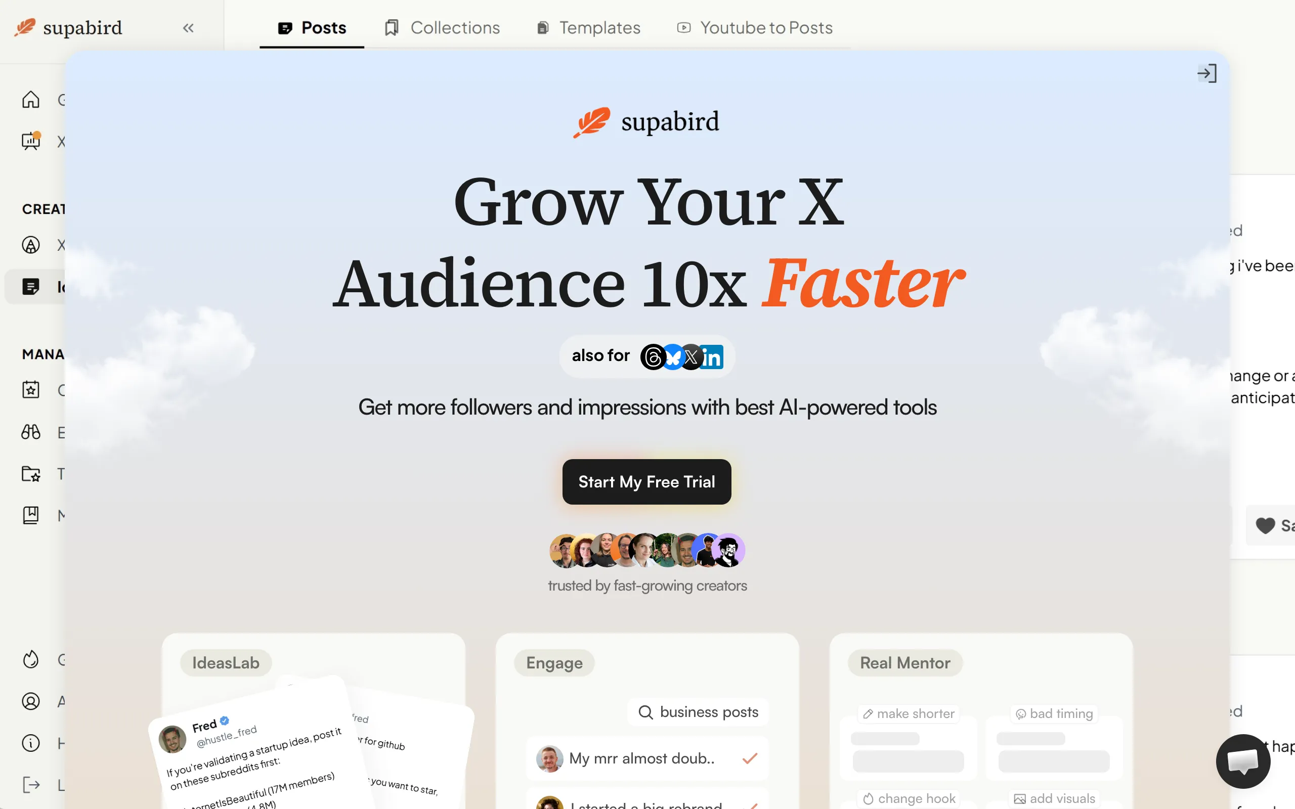 Screenshot of Grow your X audience 10x faster with SupaBird