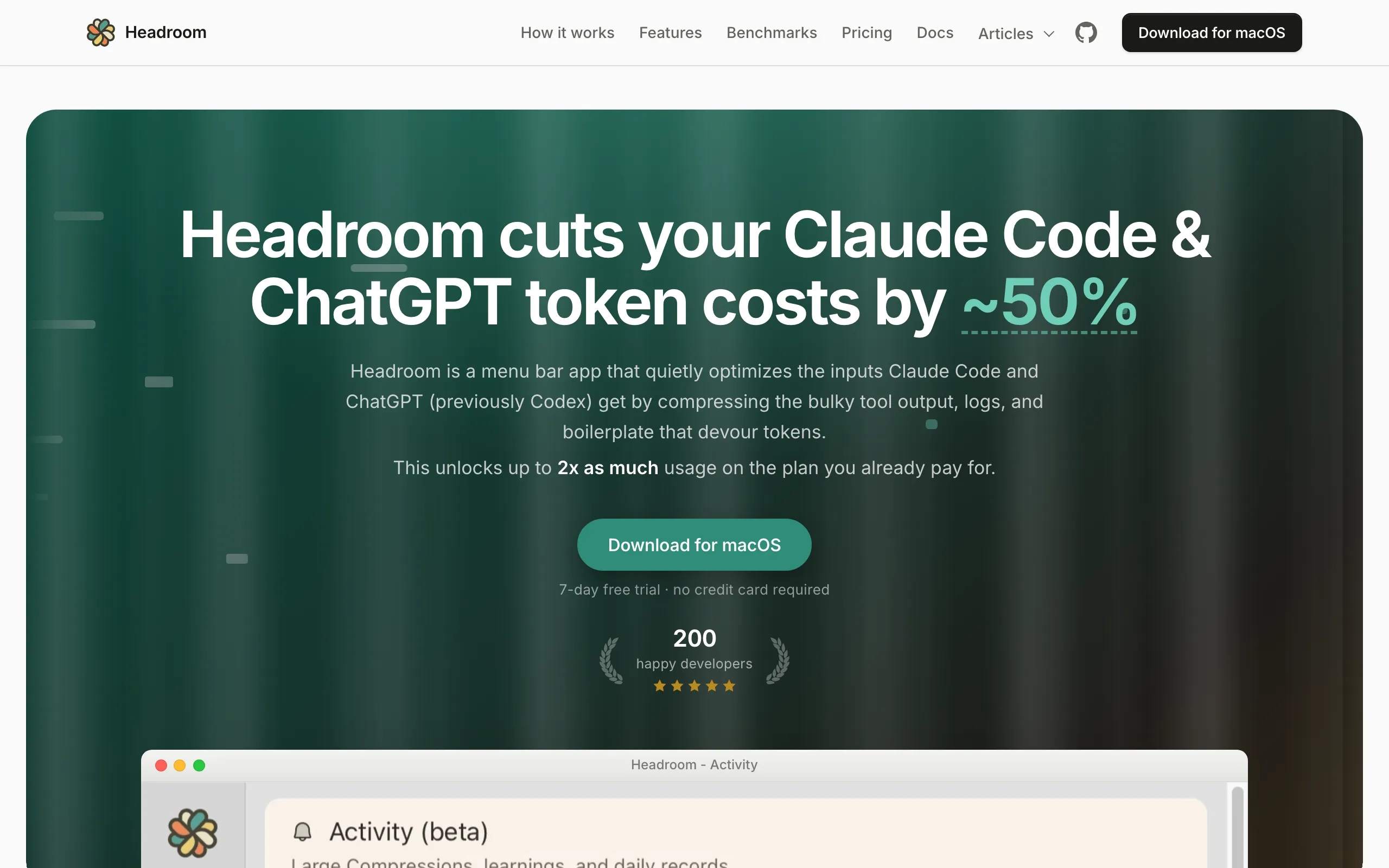 Screenshot of Headroom - Cut Claude Code &amp; ChatGPT Costs ~50%