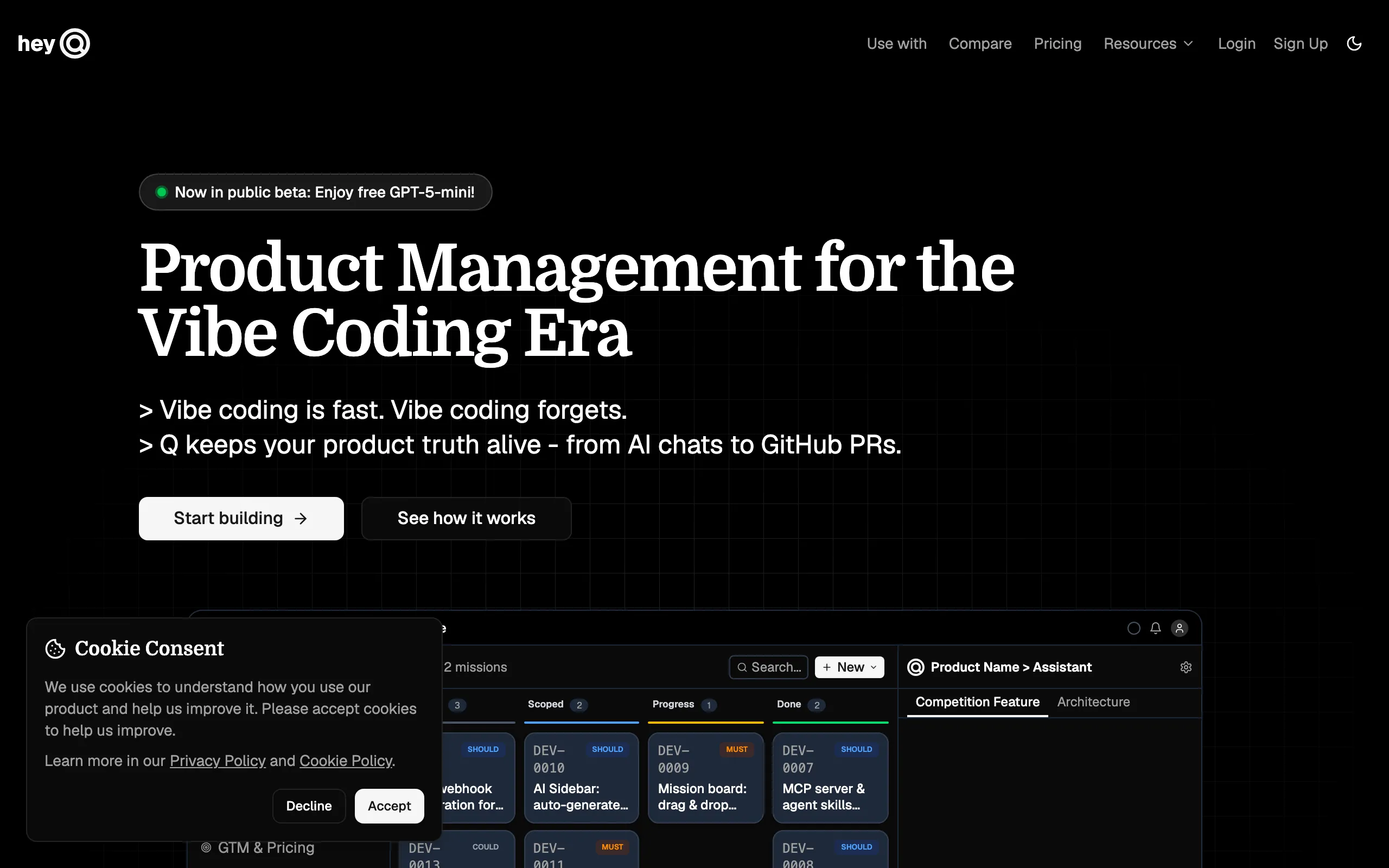 Screenshot of HeyQ — AI-native product management