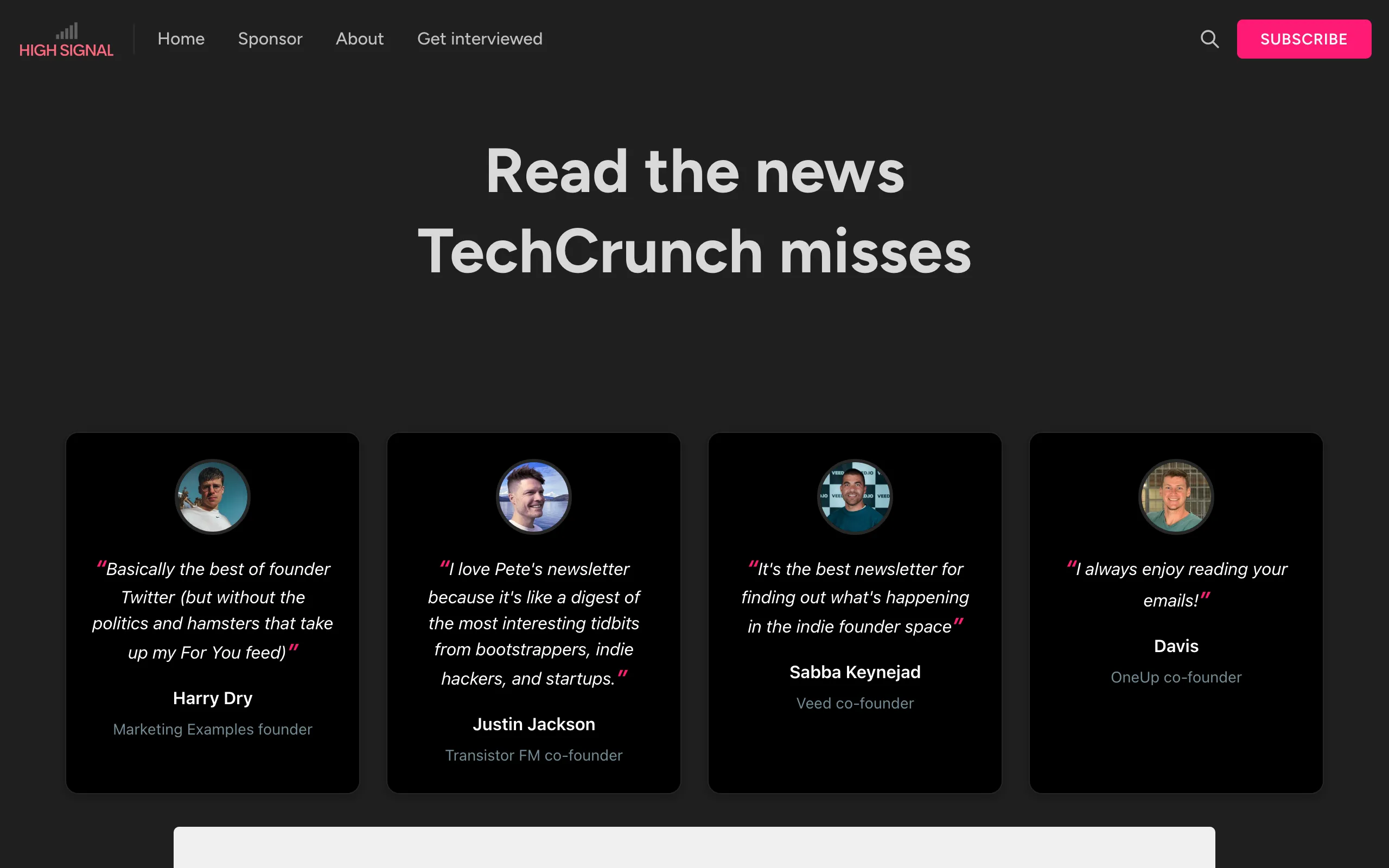 Screenshot of High Signal - a newsletter for indie startup founders