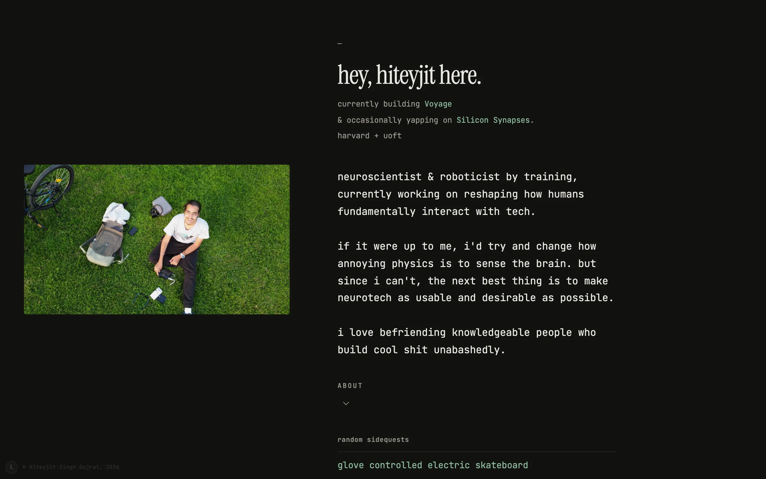Screenshot of Hiteyjit Singh Gujral — neurotech, robotics &amp; Voyage