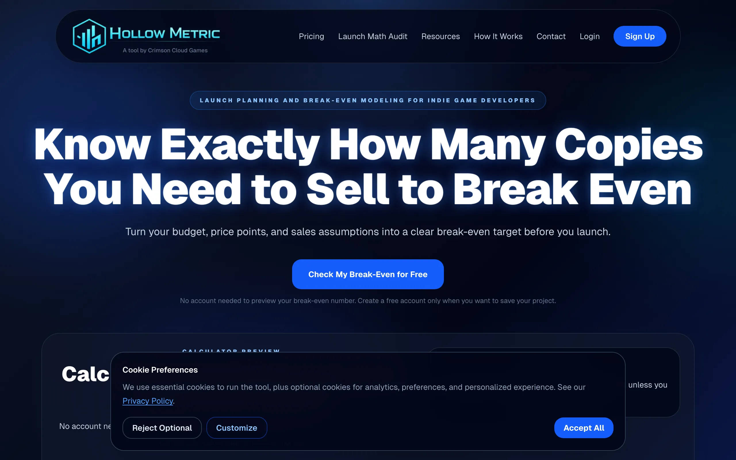 Screenshot of Hollow Metric | Break-Even Calculator for Indie Game Developers