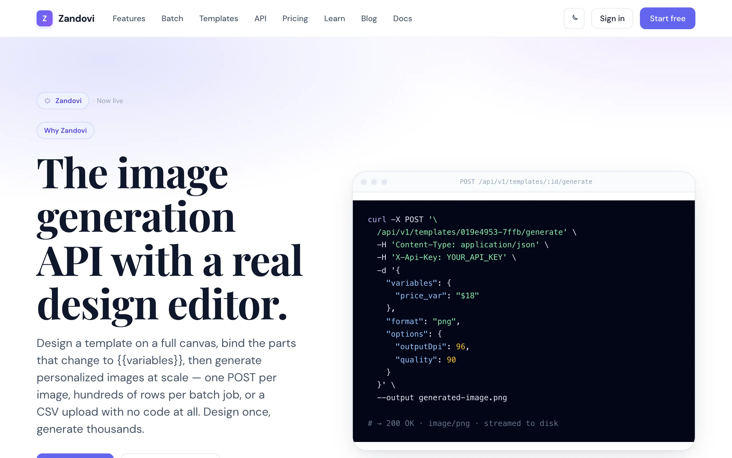 Screenshot of Image Generation API with a Real Design Editor | Zandovi