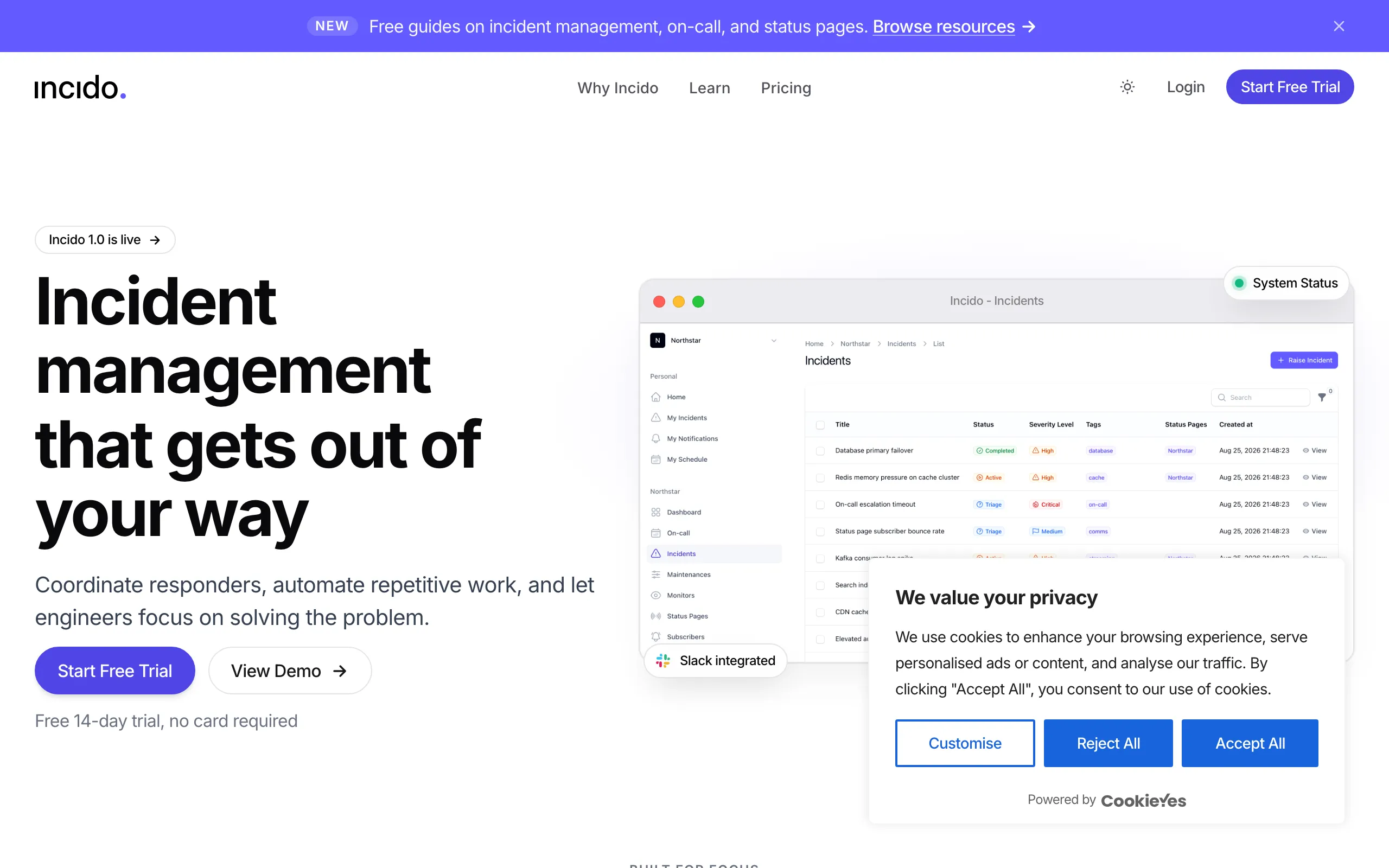 Screenshot of Incident Management, On-Call &amp; Status Page | Incido