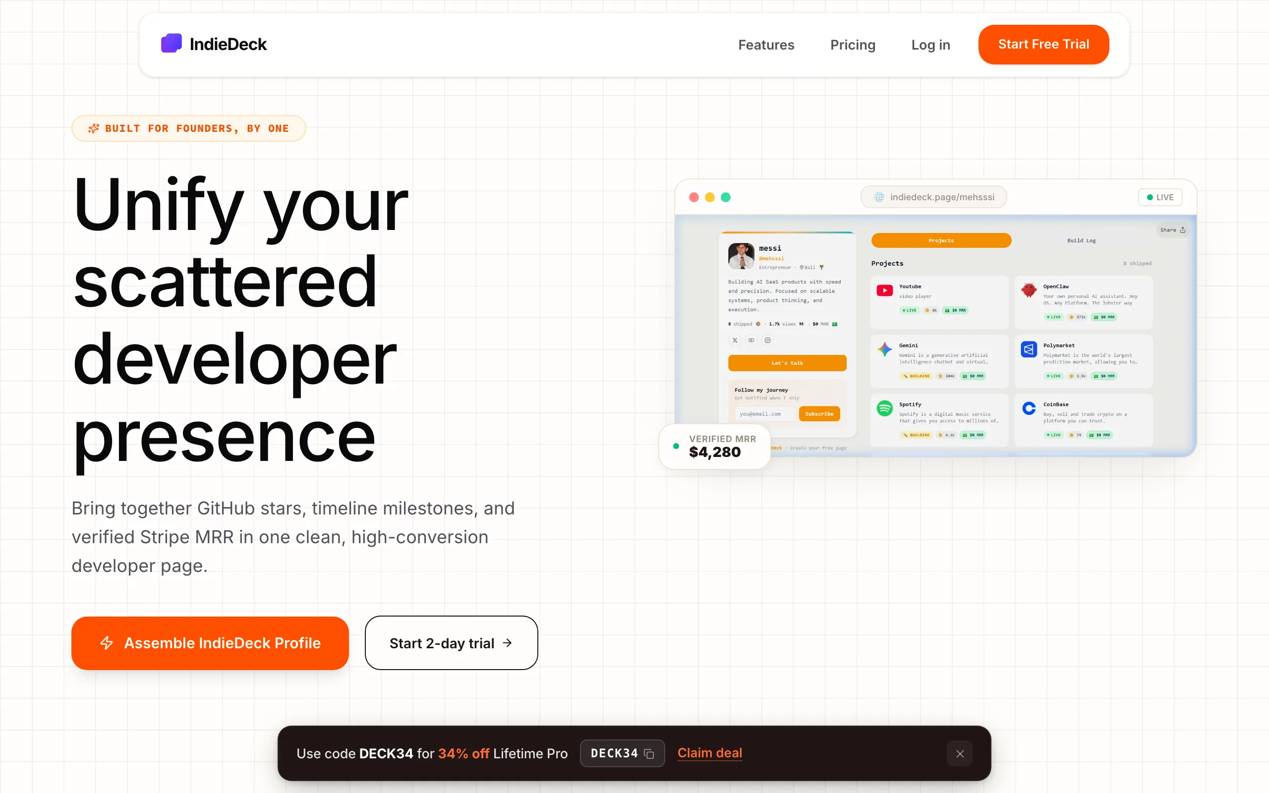Screenshot of IndieDeck | Link-in-bio for solopreneurs and founders