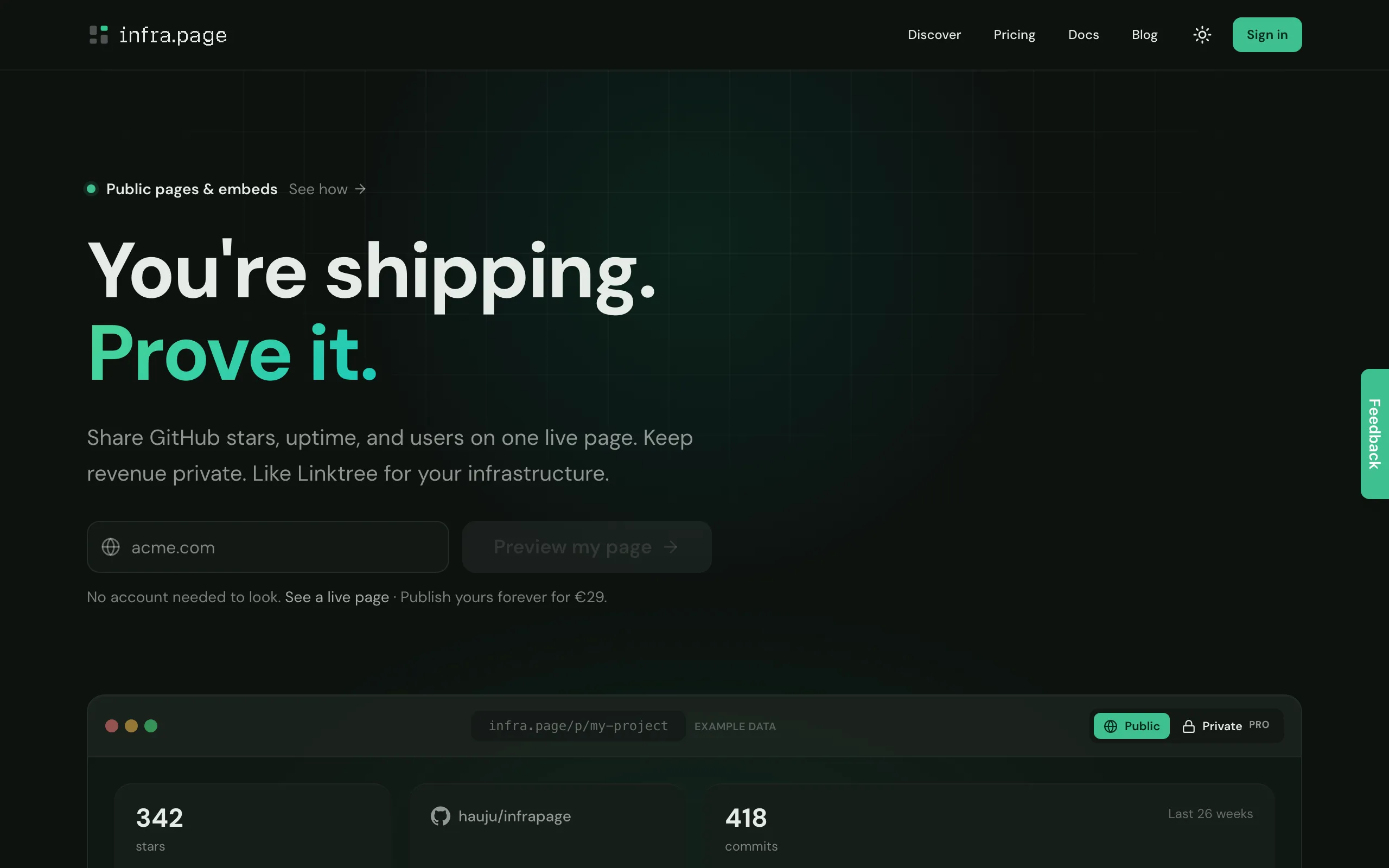Screenshot of infrapage — Your project's live numbers, one page
