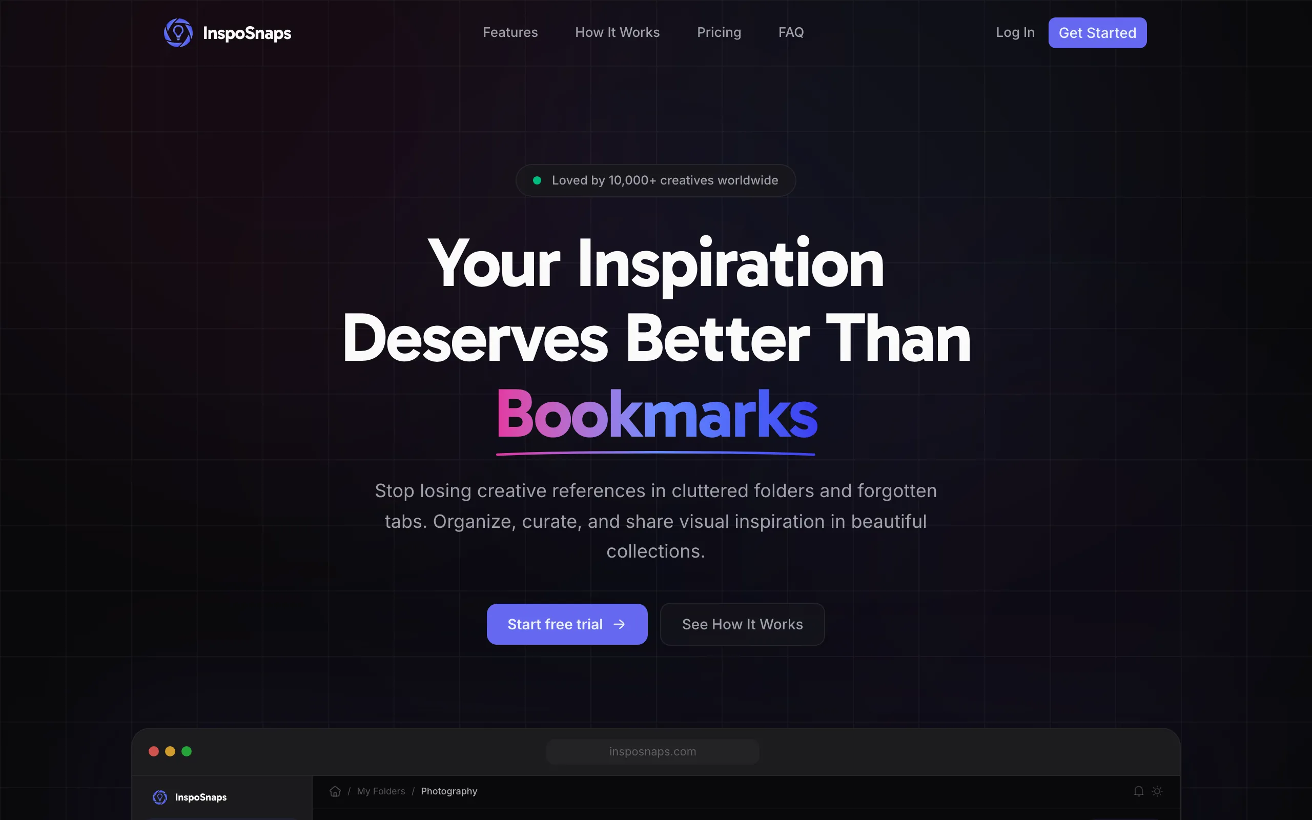 Screenshot of InspoSnaps — Organize &amp; Share Visual Inspiration