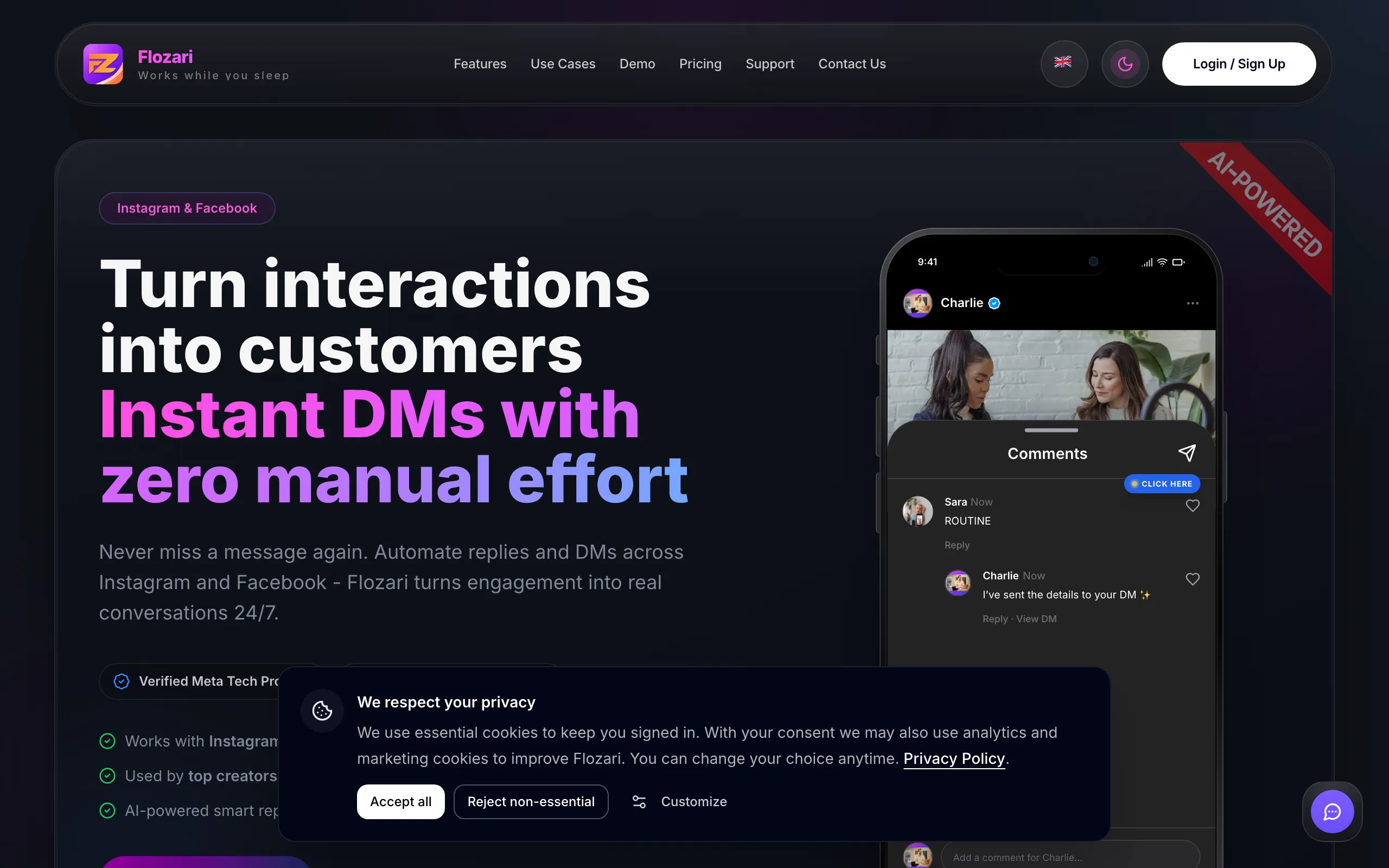 Screenshot of Instagram Automation for DMs &amp; Leads | Flozari