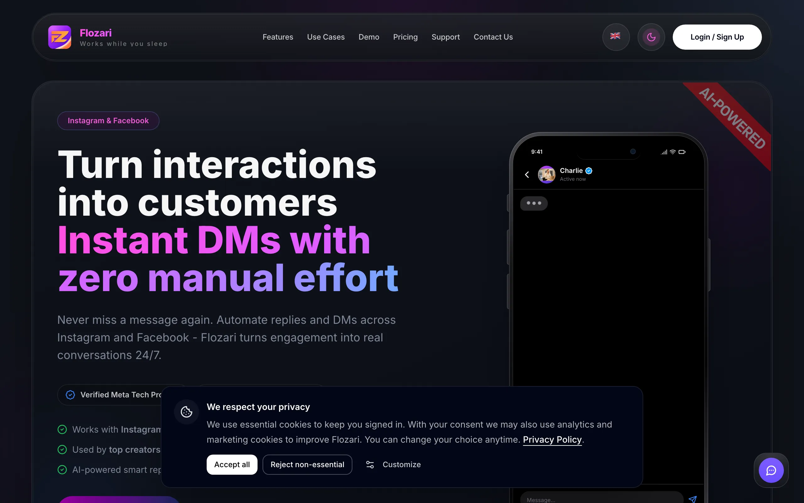 Screenshot of Instagram Automation for DMs &amp; Leads | Flozari