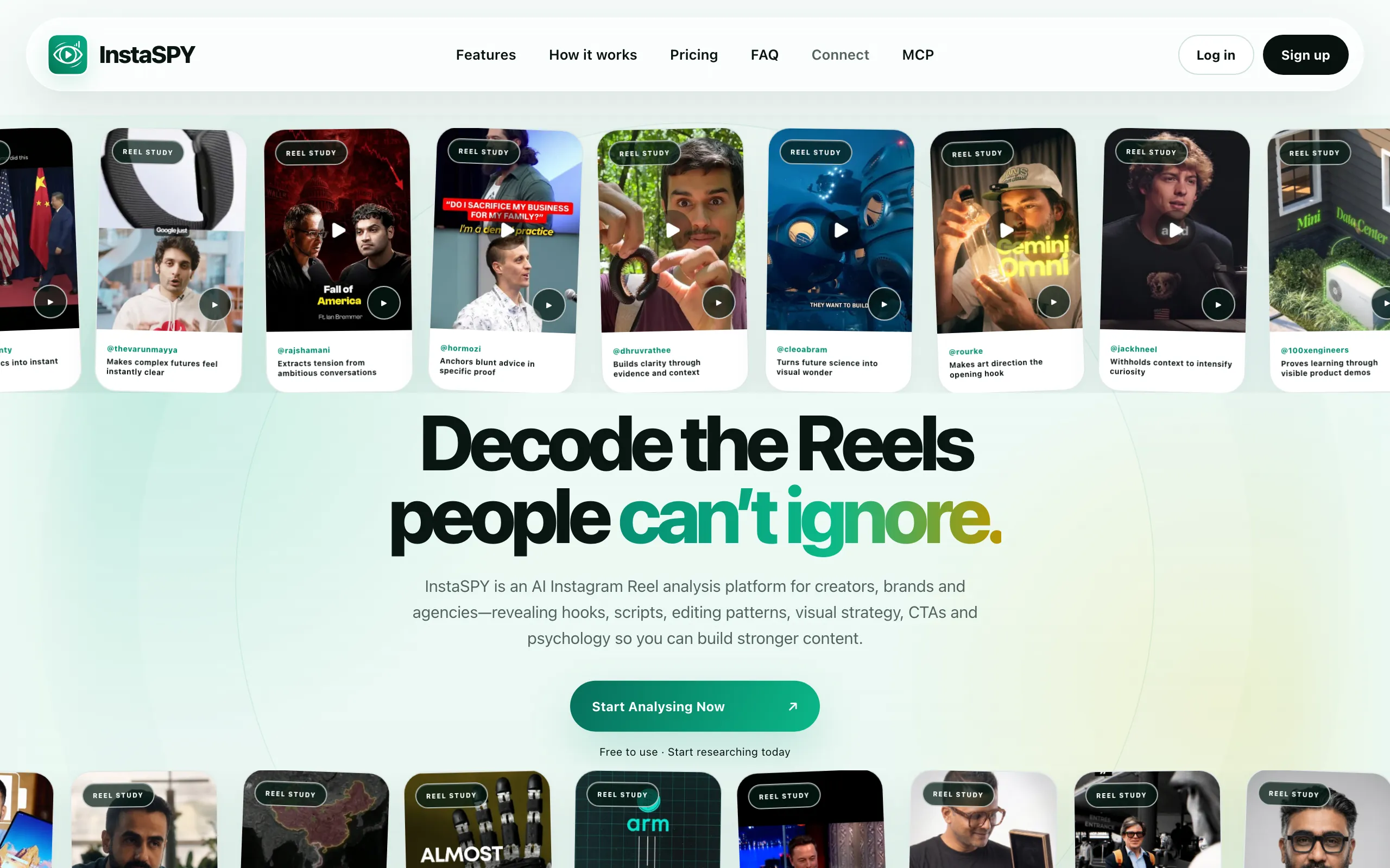 Screenshot of InstaSPY — AI Instagram Reel Analysis &amp; Content Research