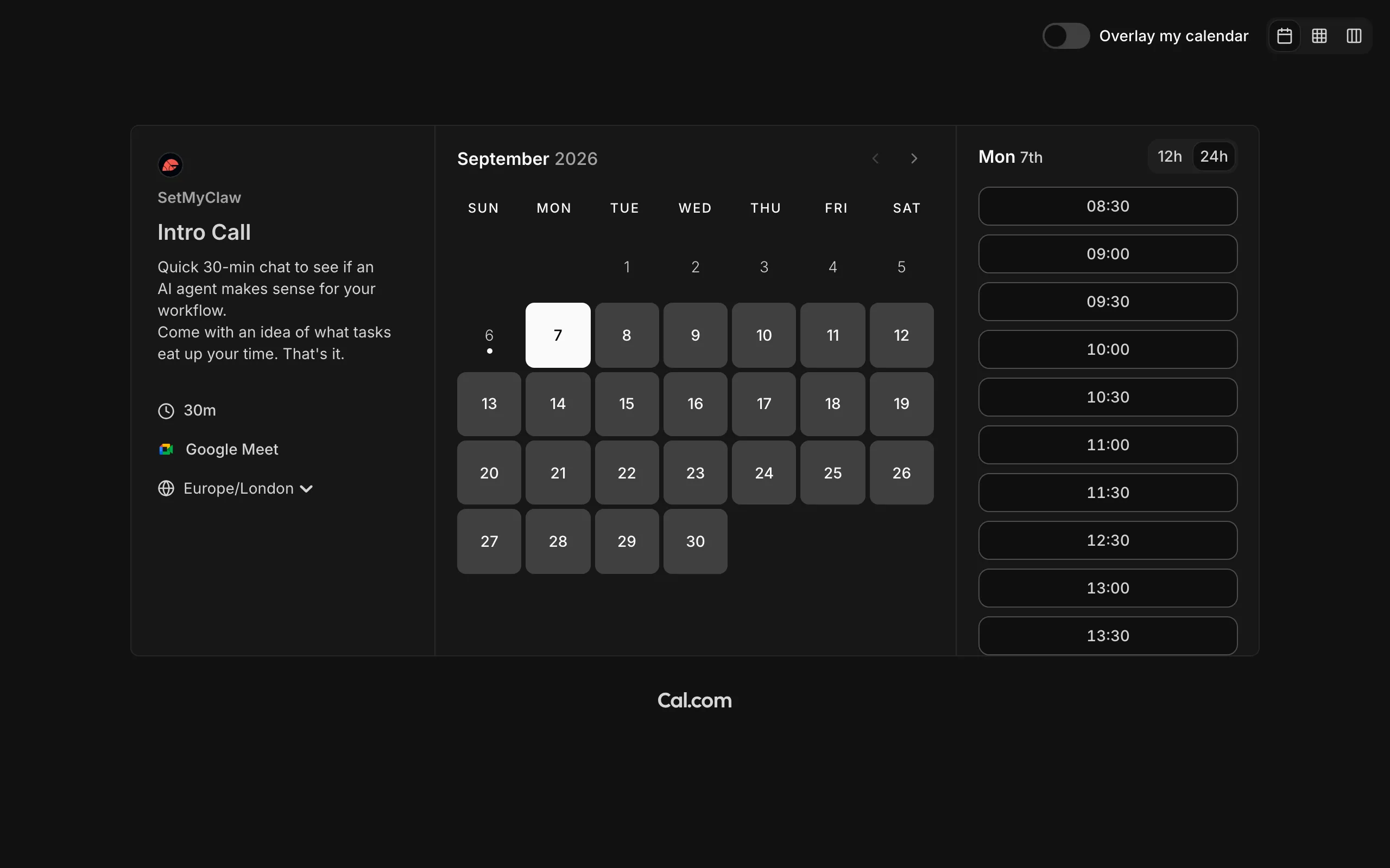 Screenshot of Intro Call | SetMyClaw | Cal.com