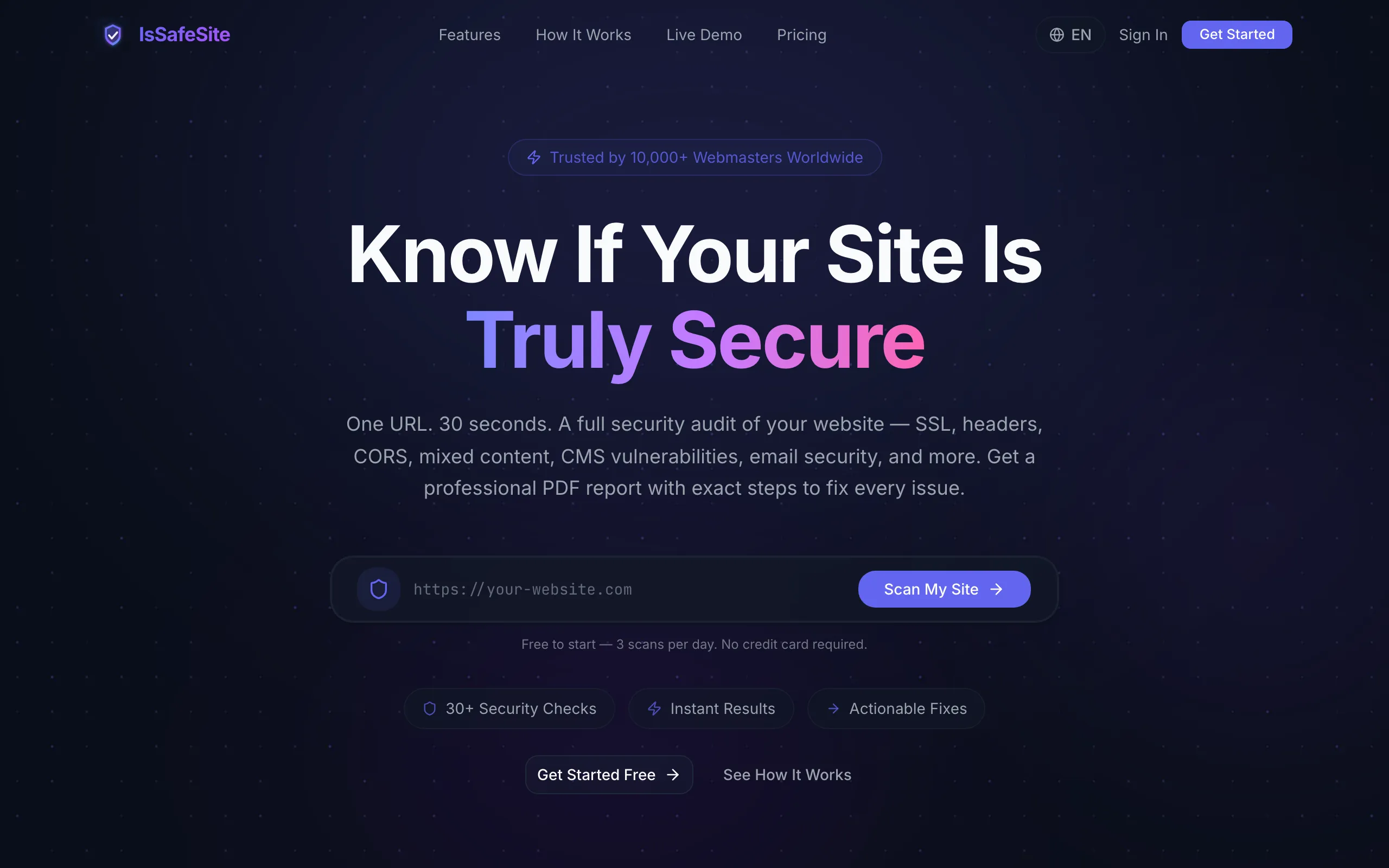 Screenshot of IsSafeSite — Website Security Scanner for Webmasters
